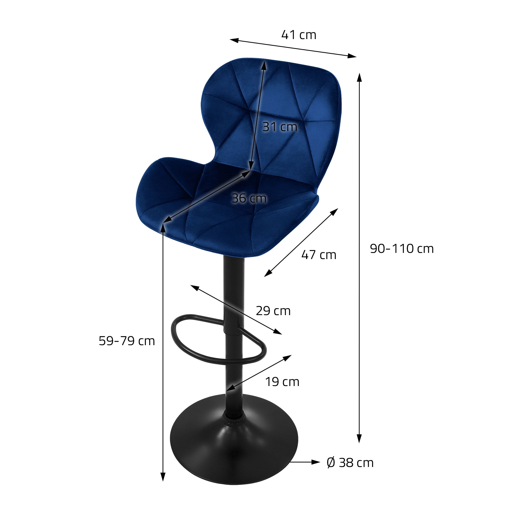 Dimension drawing of a blue bar stool with various measurements.