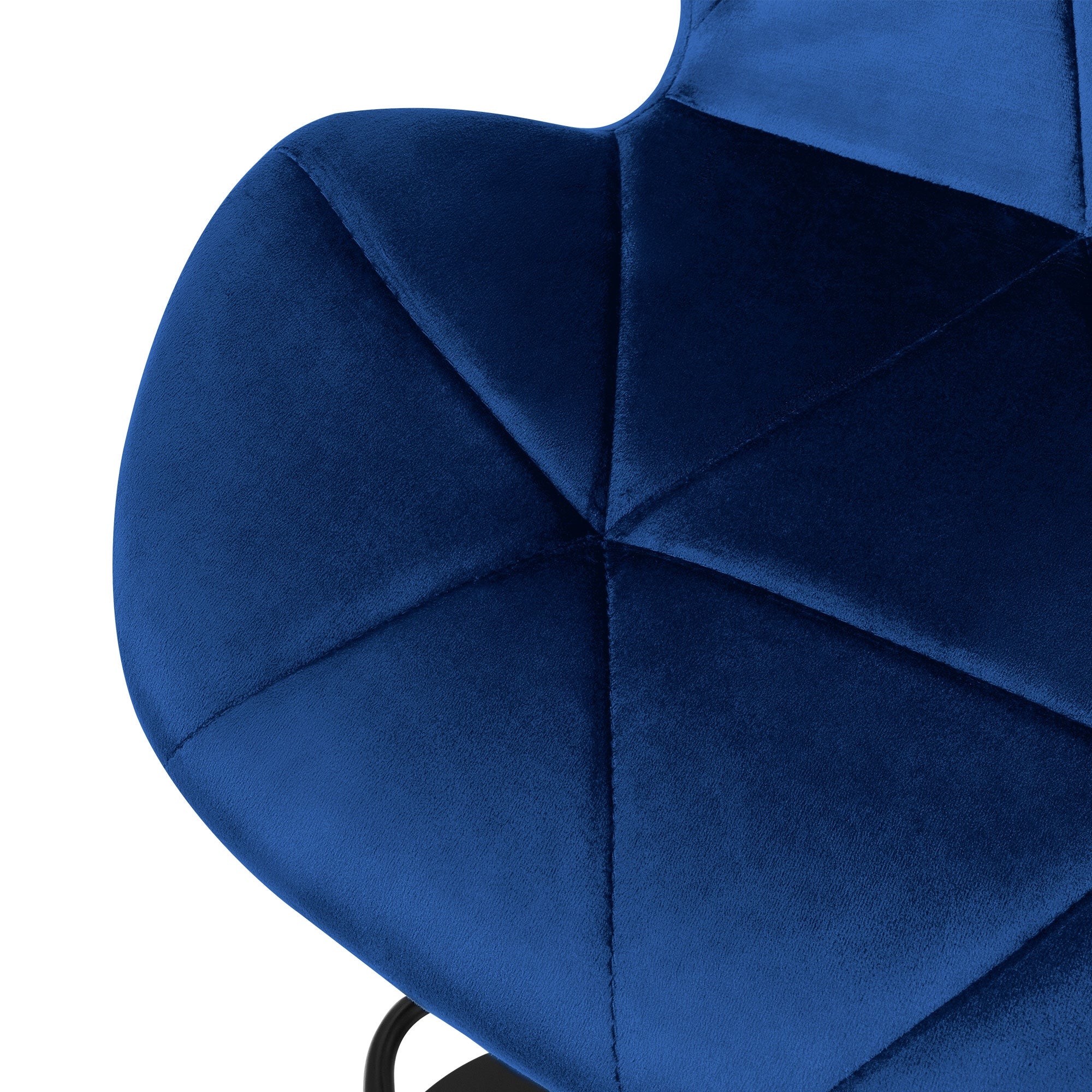 Close-up of the blue upholstered seat of a bar stool.