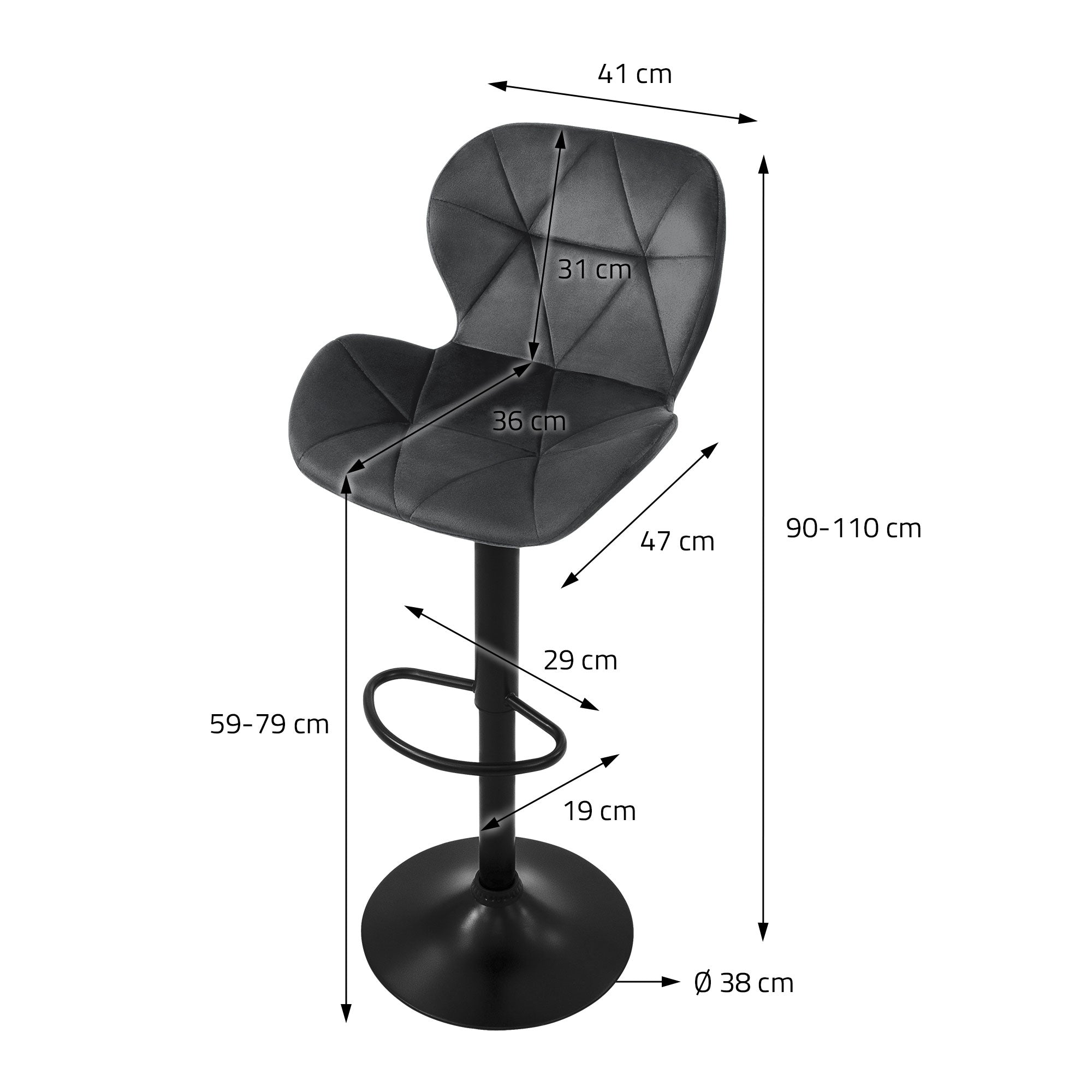 Dimension drawing of a bar stool with measurements in cm.