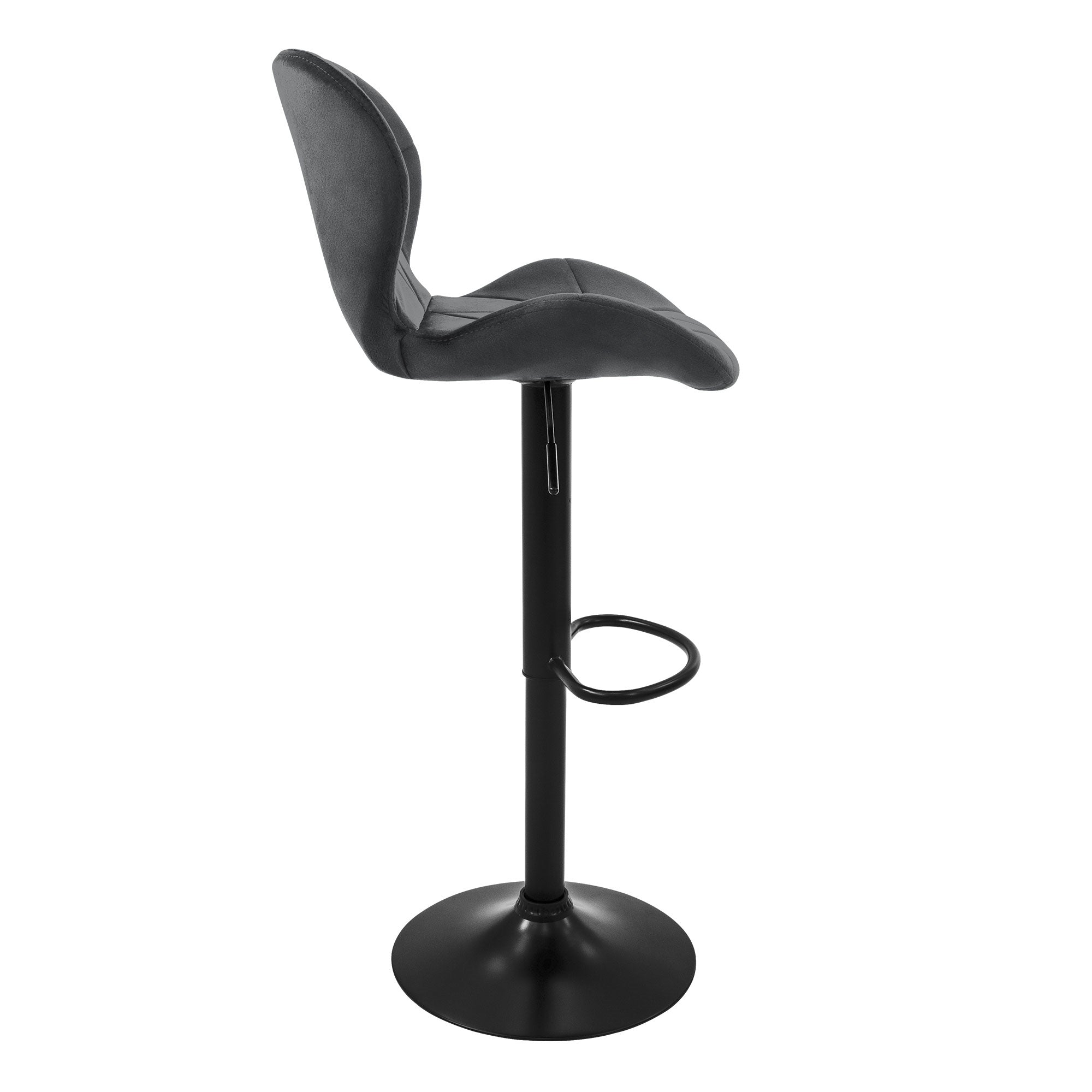 Side view of a gray bar stool with a black frame.