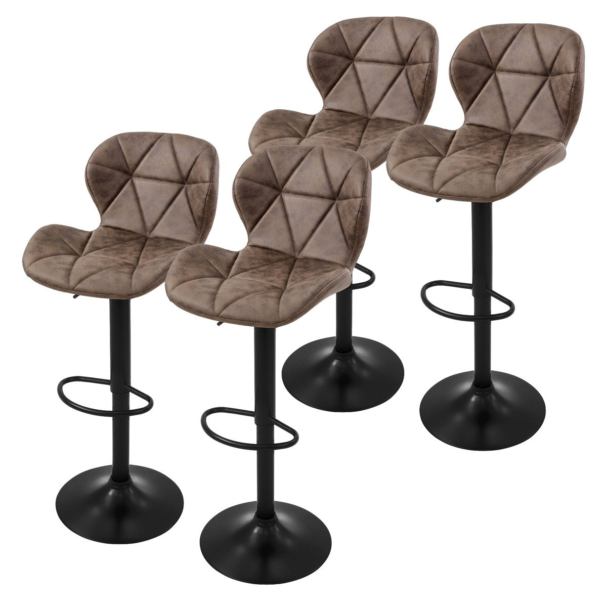 Four brown bar stools with diagonal patterns on the seats.