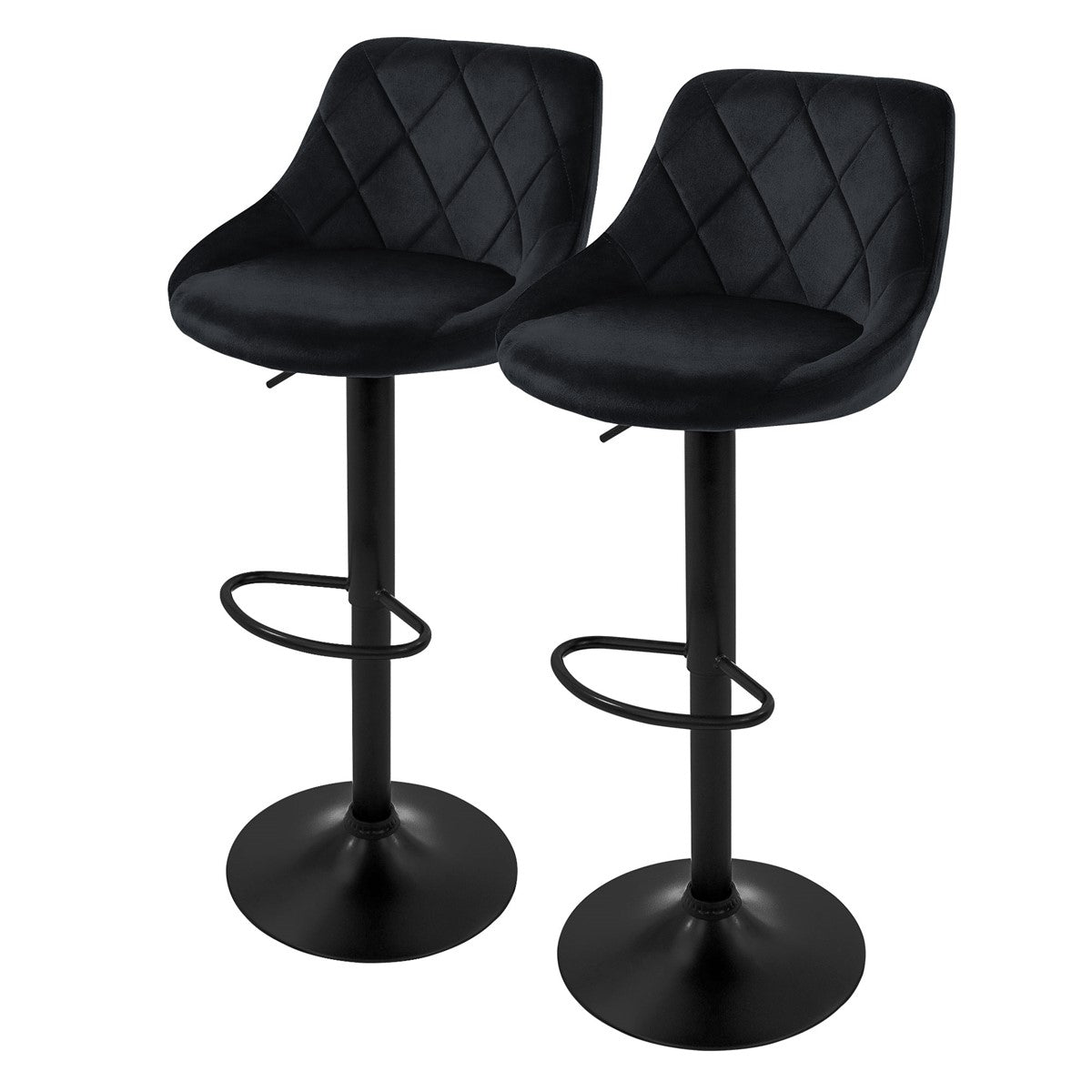 Two black bar stools with padded seats and round footrests.