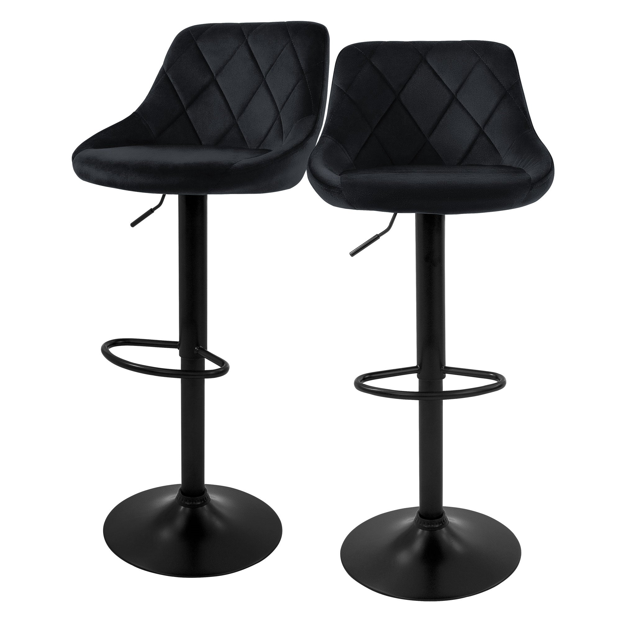 Zwei schwarze Barhocker mit gepolsterten Sitzen und schwarzem Gestell.