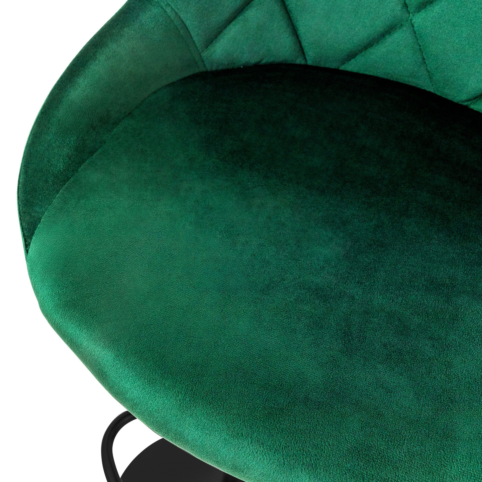 Green padded chair with round seat and black frame.