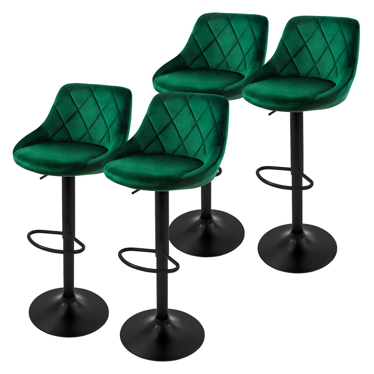 Four green bar stools with upholstered seats and black bases.