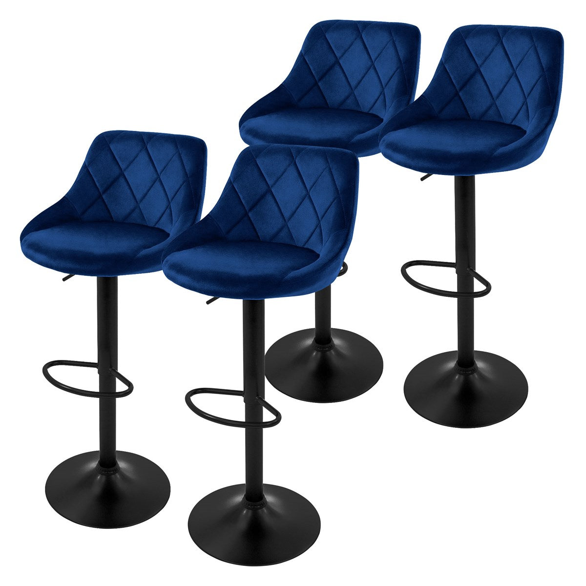Vier blaue Barhocker mit gepolsterten Sitzen und schwarzem Fußgestell.