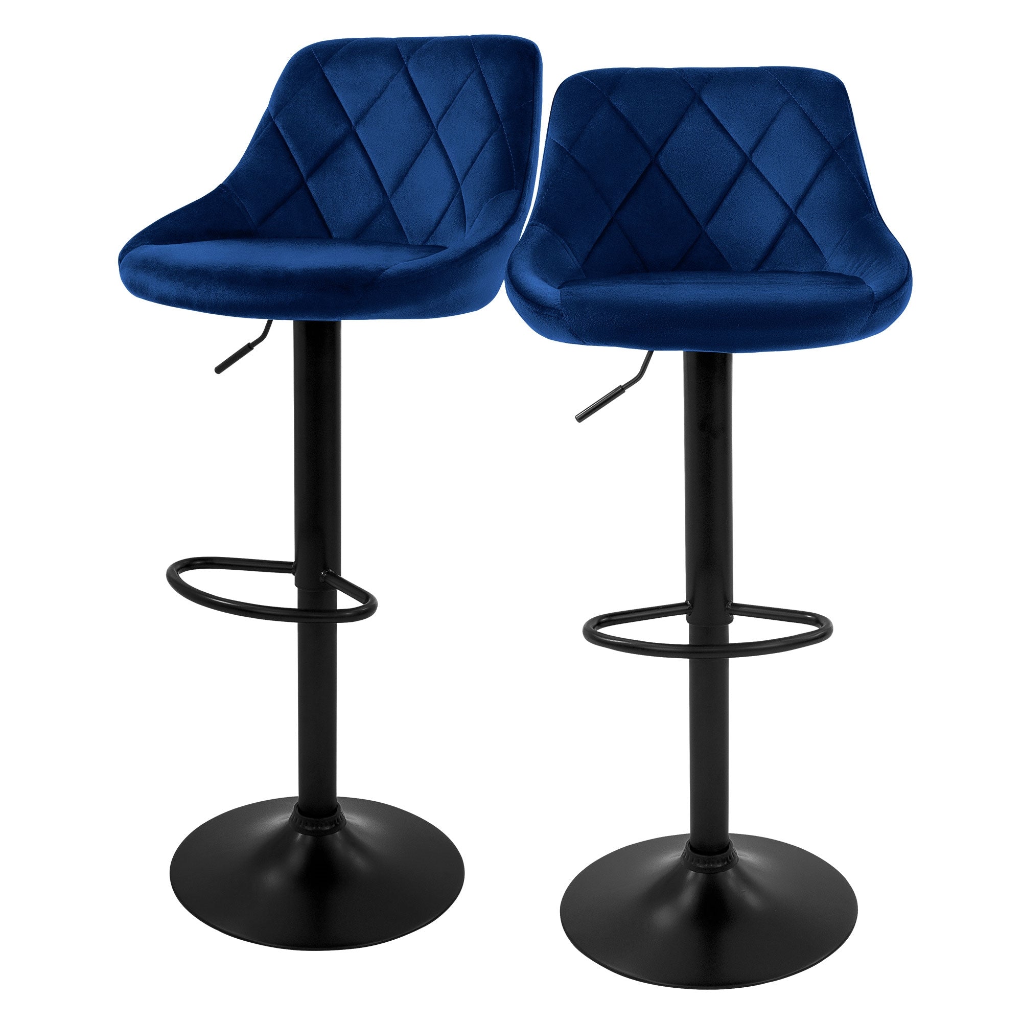 Zwei blaue Barhocker mit gepolsterten Sitzen und Fußstützen.