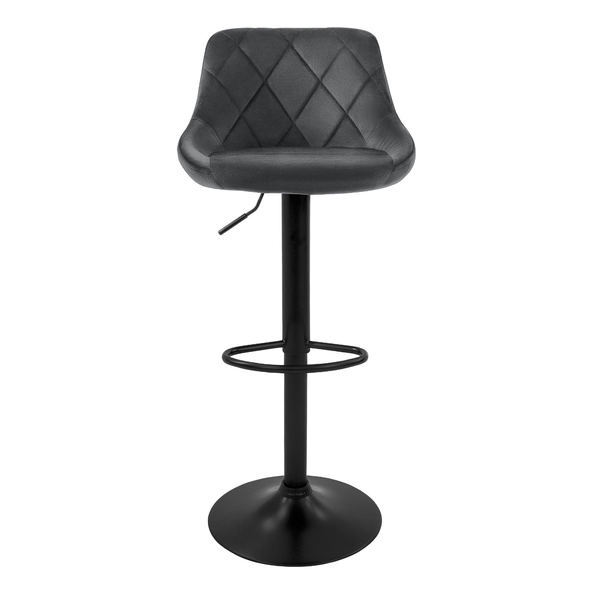 Ein einzelner Barhocker mit dunklem, gepolstertem Sitz und schwarzem Metallgestell.