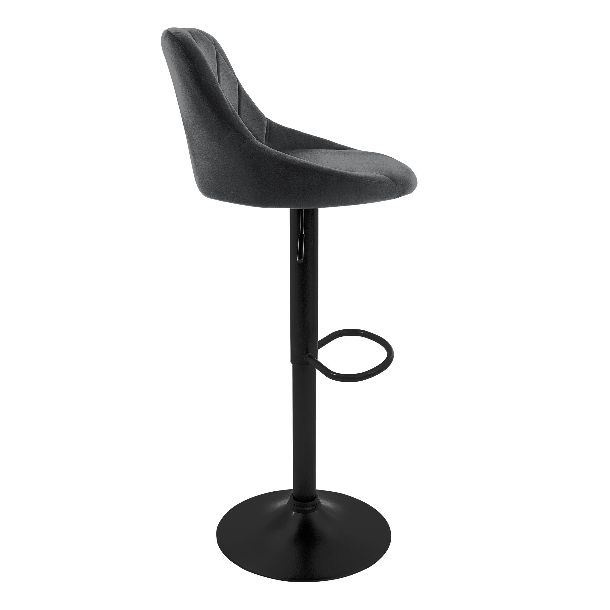A black bar stool from the side, with a padded seat and footrest.