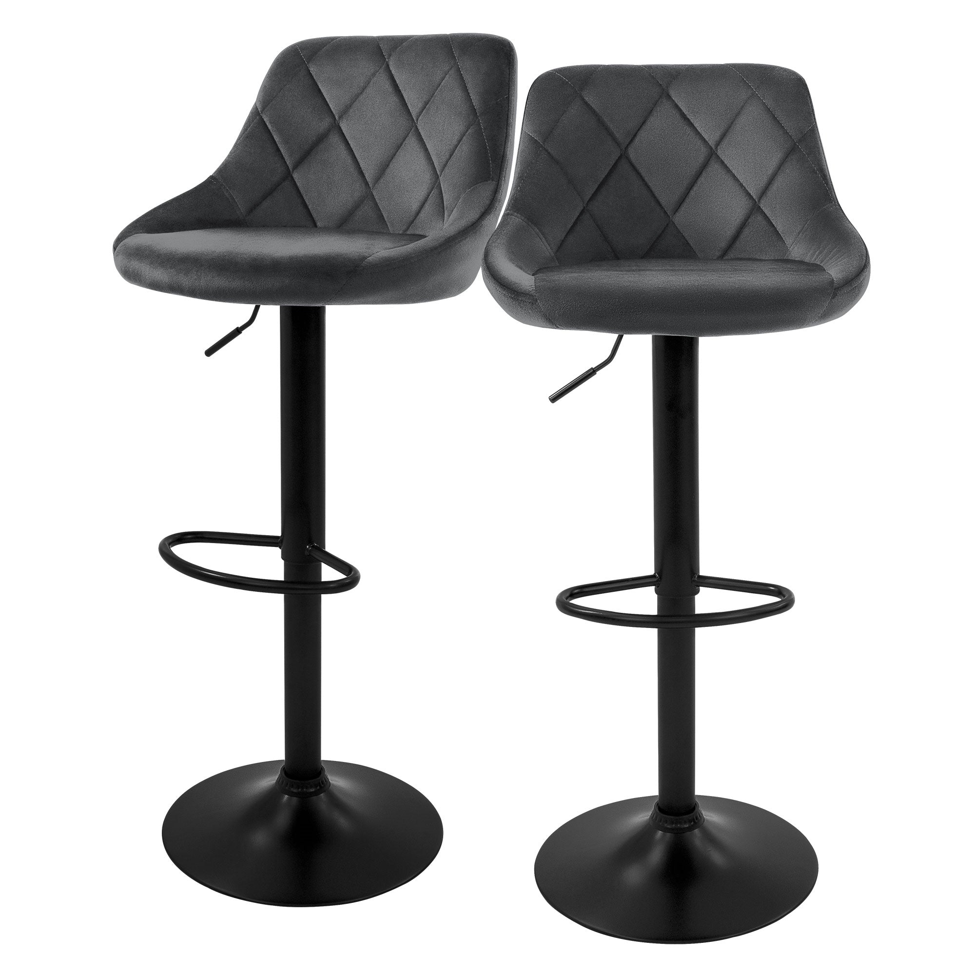 Zwei schwarze Barhocker mit gepolsterten Sitzen und Fußstützen.