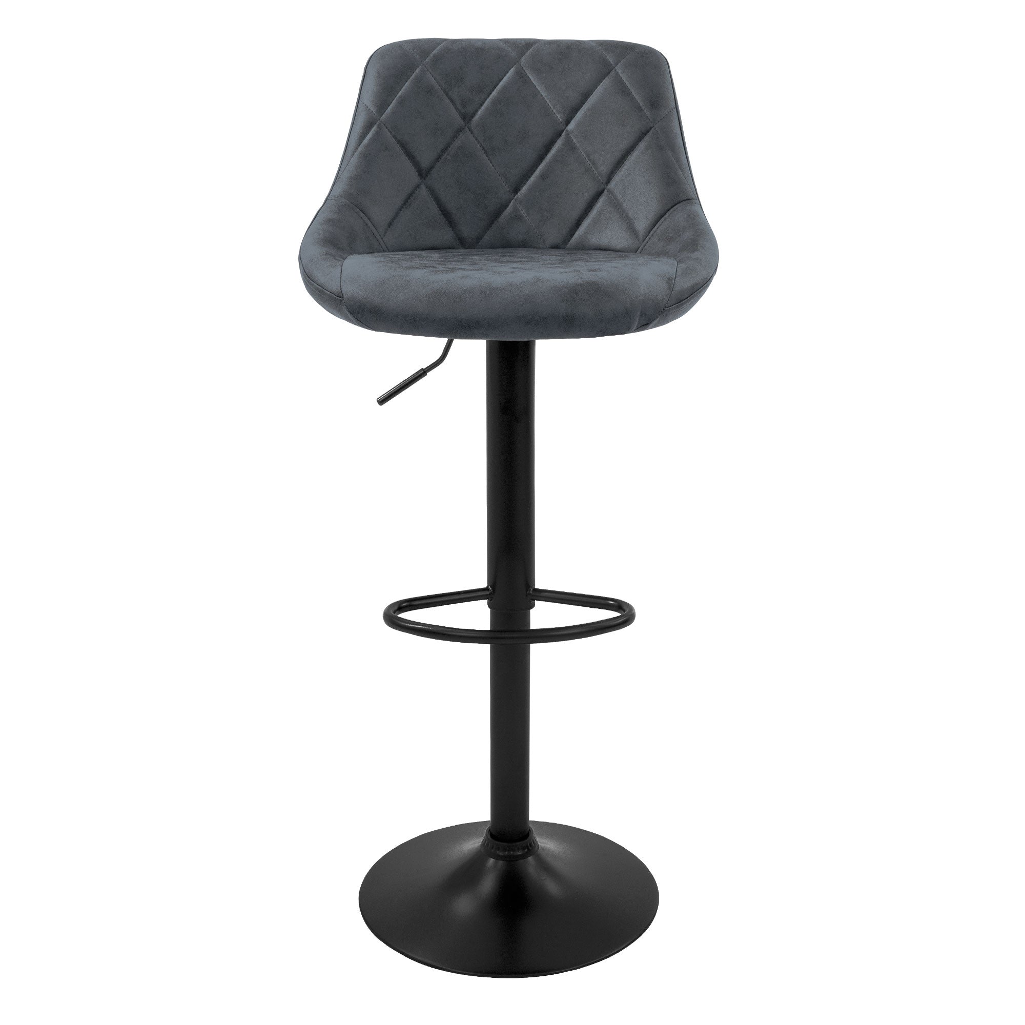 Ein einzelner Barhocker mit grauem, gepolstertem Sitz und schwarzem Metallgestell.