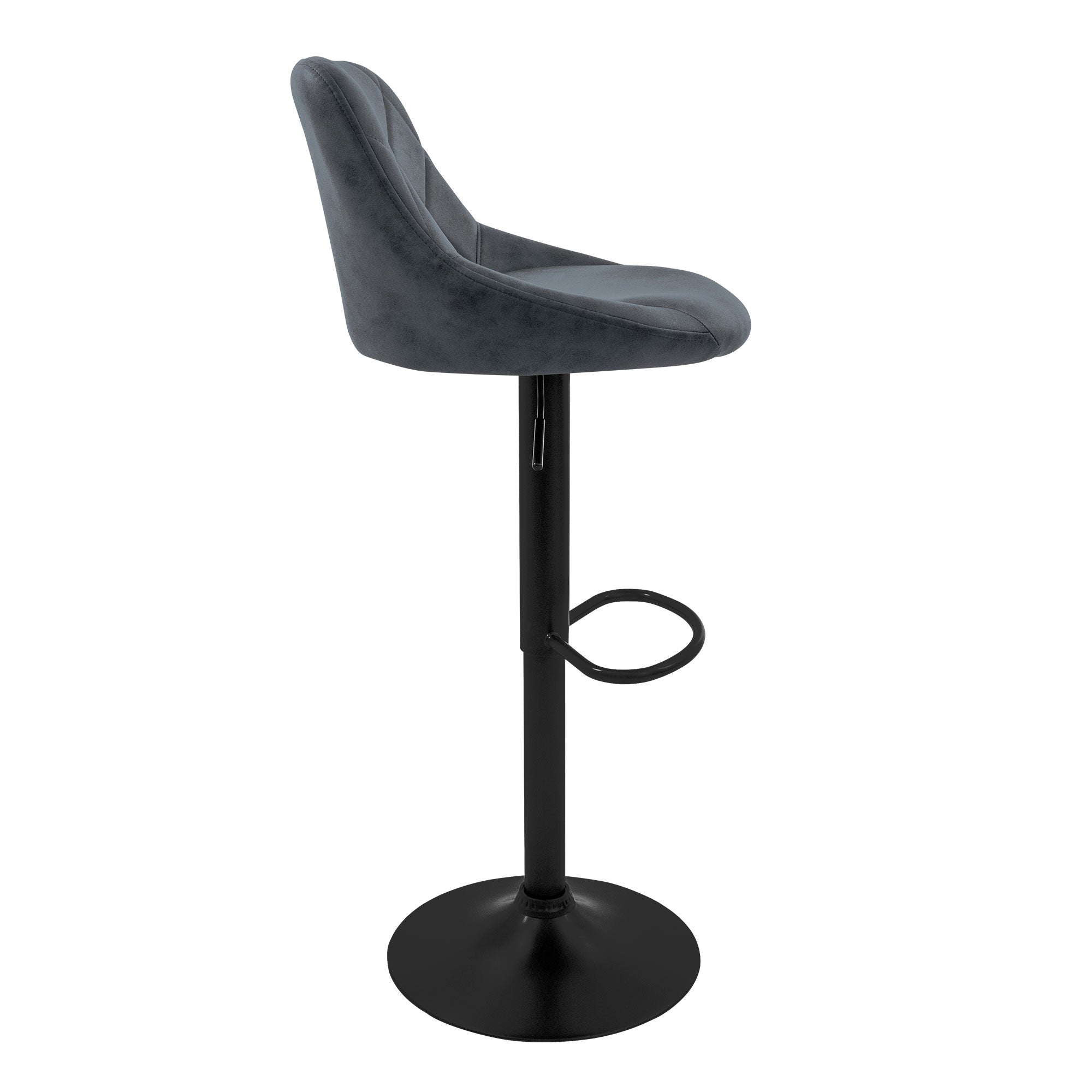 Vue de côté d'un tabouret de bar avec un siège rembourré gris.