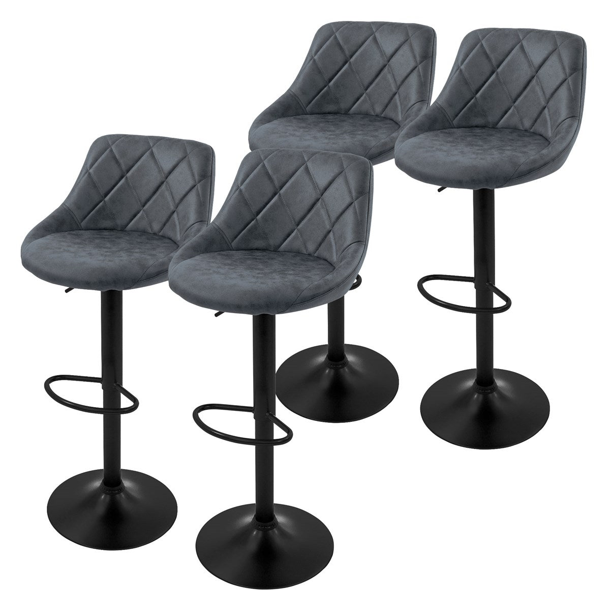 Four bar stools with gray faux leather upholstery and a black metal frame.