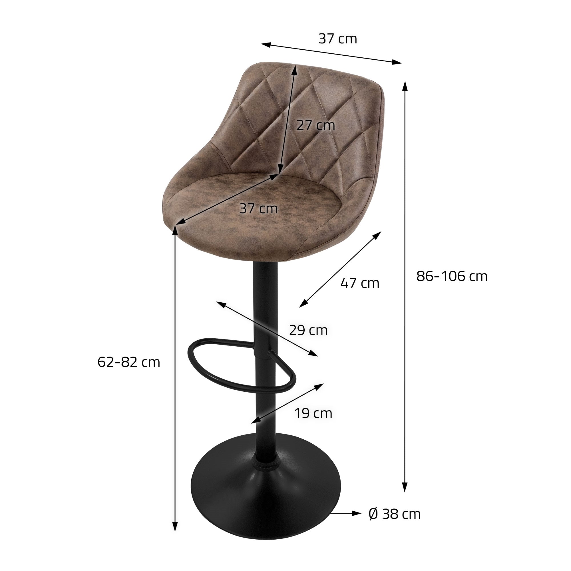 Hocker mit Maßangaben: 86-106 cm hoch, 37 cm Sitzbreite, 29 cm Fußstütze.