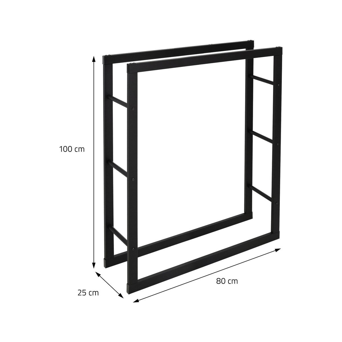 Sort metalramme med mål: 100 cm høj, 80 cm bred, 25 cm dyb.