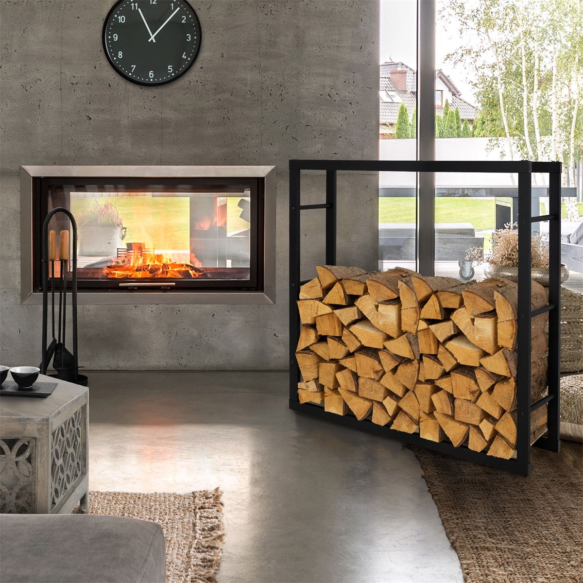 Living room with fireplace, wooden shelf and cozy furnishings.