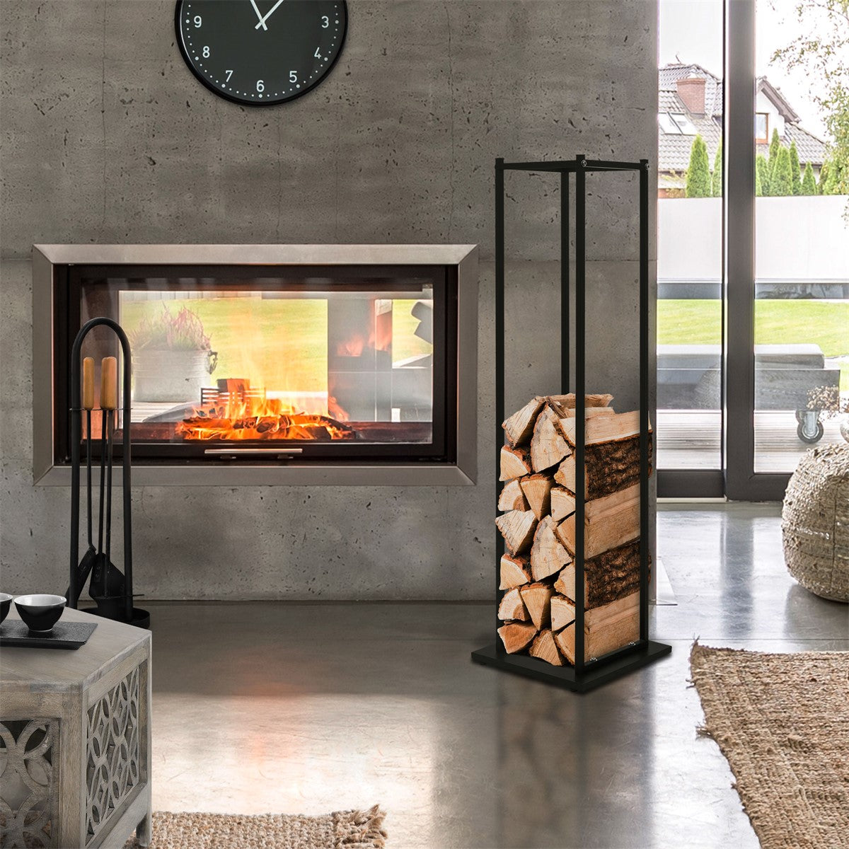 Fireplace with a burning fire and a log rack in a modern room.