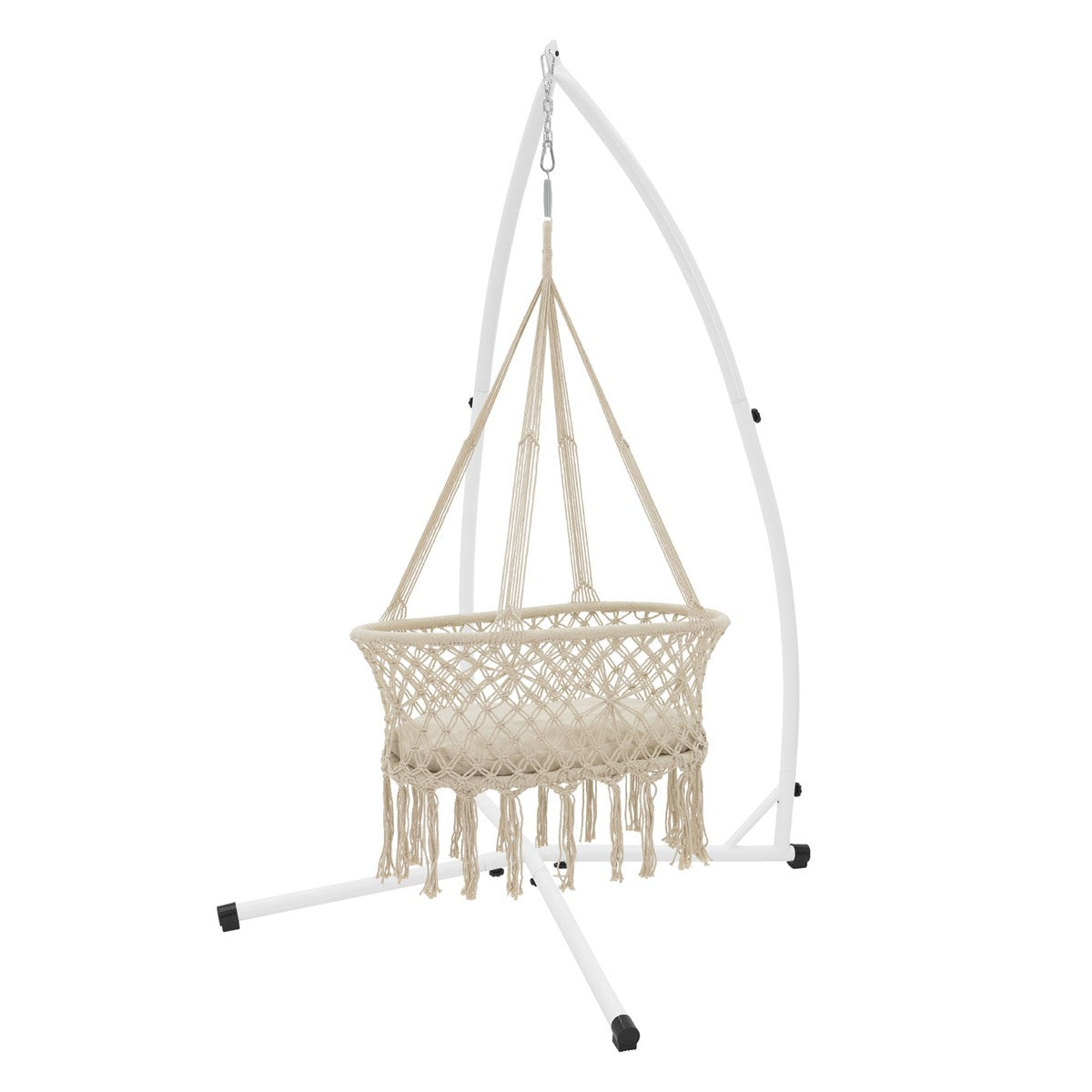 A hanging wicker swing on a sturdy frame.
