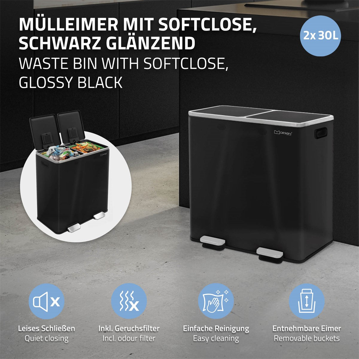 Müllbehälter mit Softclose-Funktion, glänzend schwarz, mit zwei 30L Fächern.