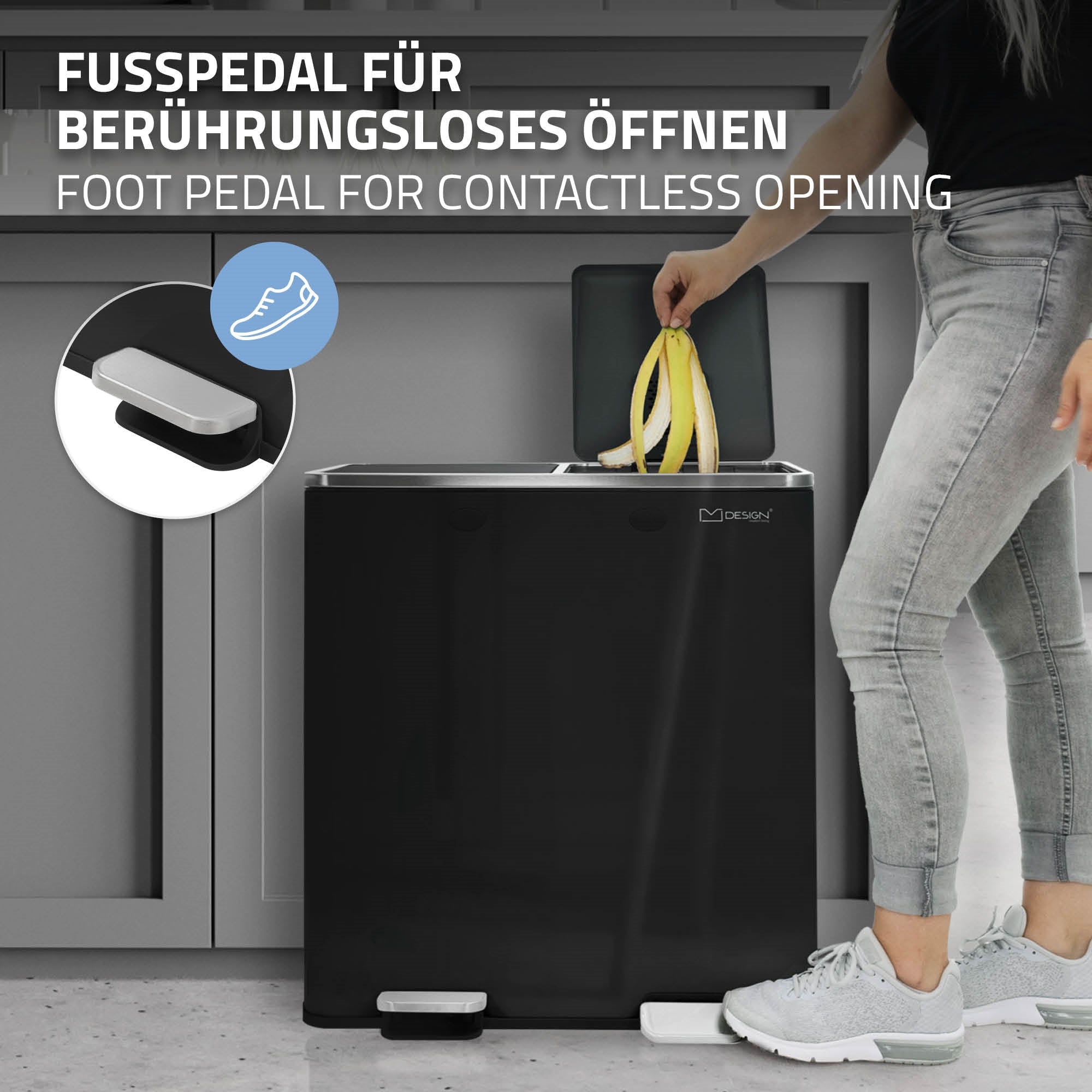 Müllbehälter mit Fußpedal zum berührungslosen Öffnen.