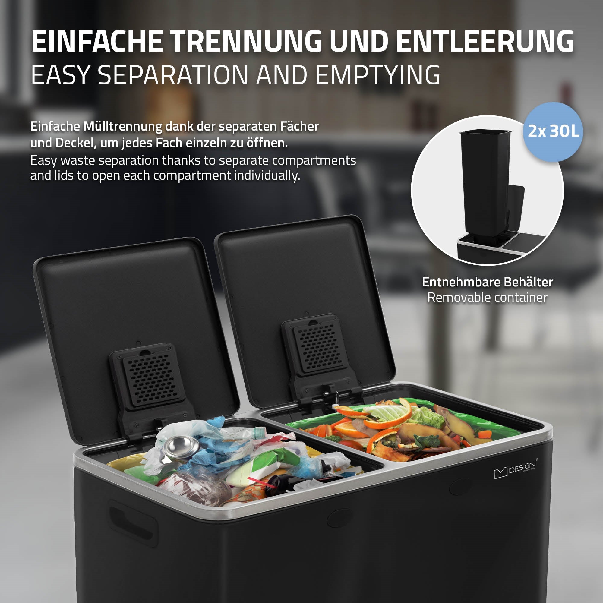 Mülleimer mit zwei Fächern, Deckel geöffnet, Abfalltrennung sichtbar.