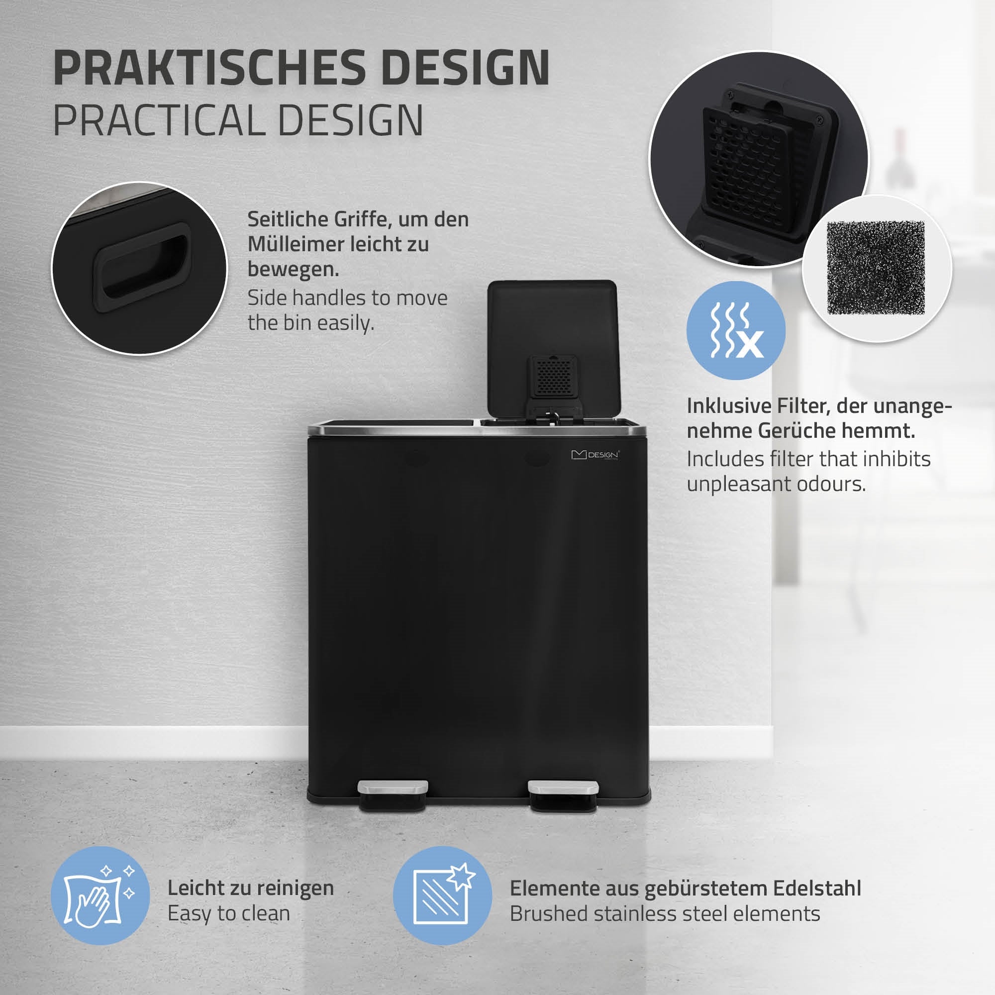 Schwarzer Mülleimer mit seitlichen Griffen und Filter für Gerüche.