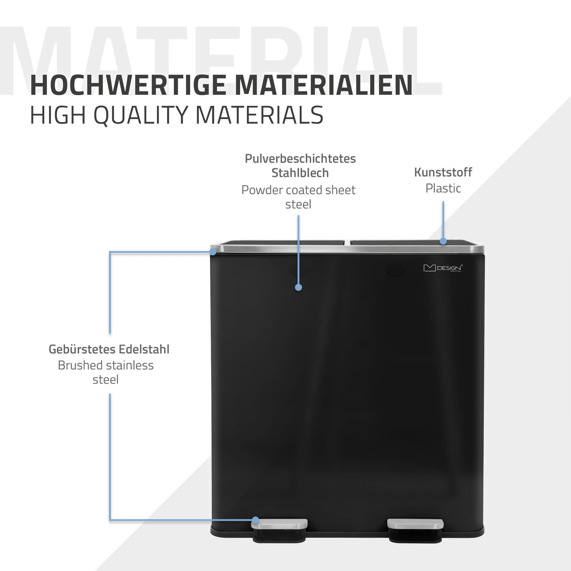 Schwarzer Abfalleimer mit zwei Fächern und Pedal, aus Edelstahl und Kunststoff.