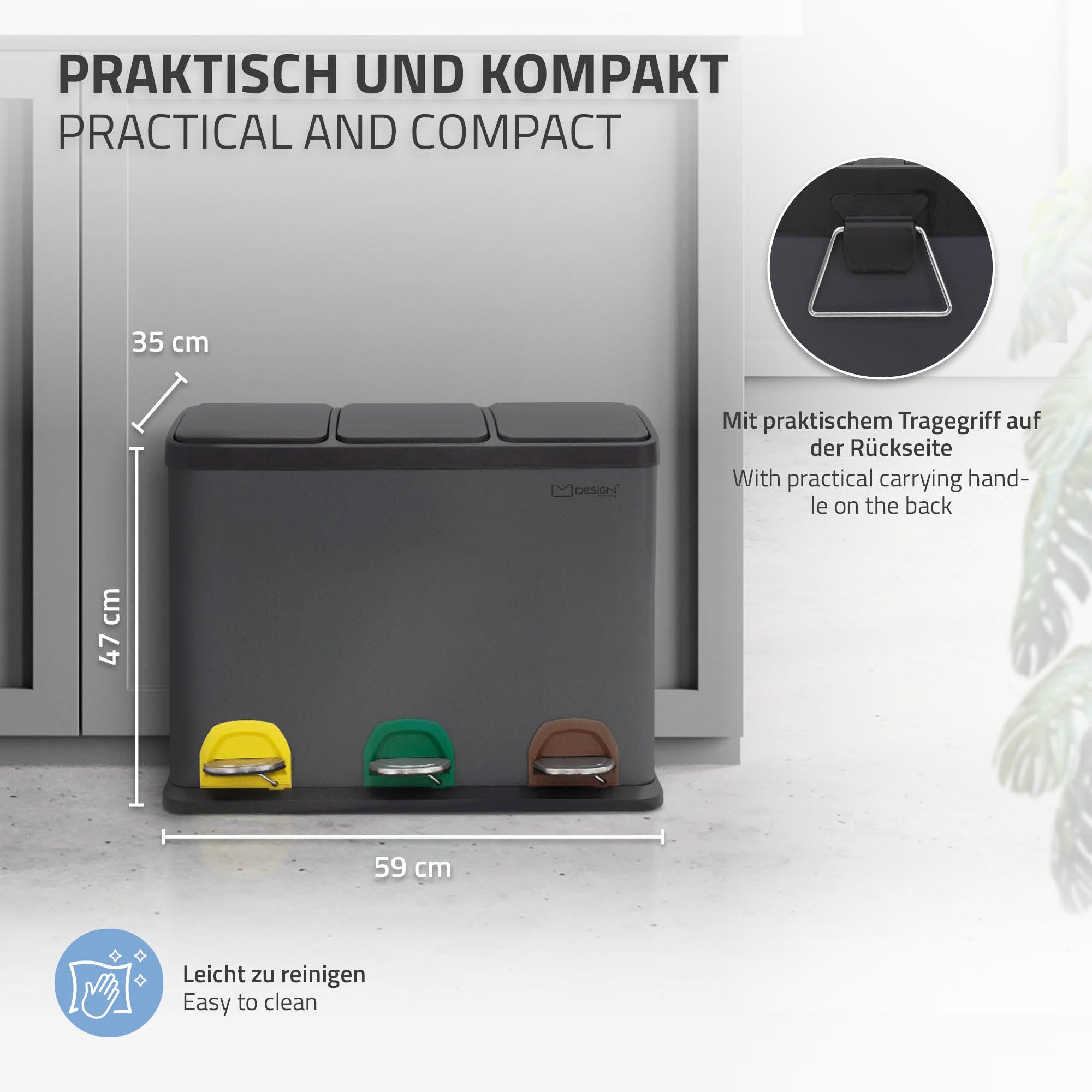 Mülltrennsystem mit drei Behältern und farbigen Pedalen, vor einer Küchenzeile.