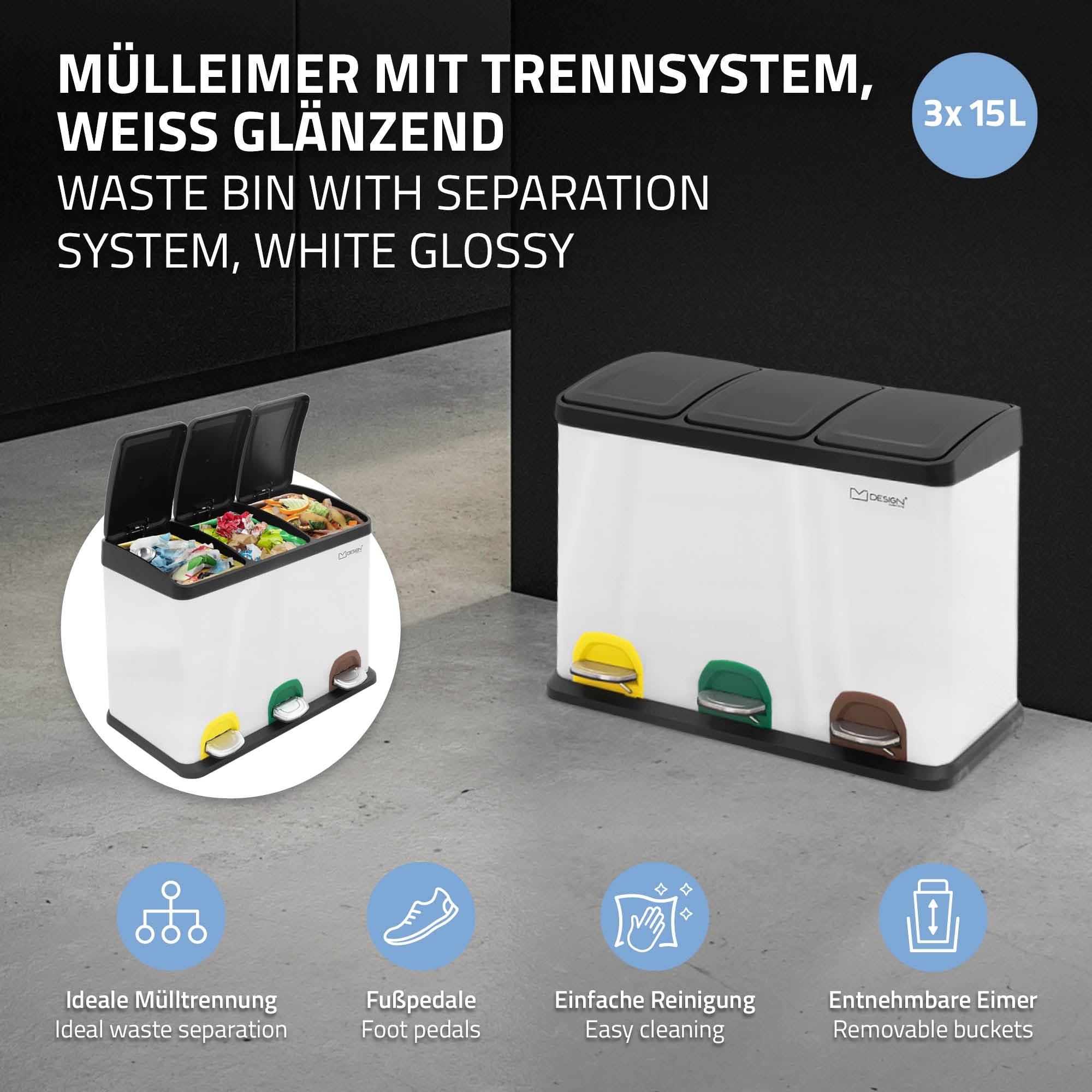 Mülleimer mit Trennsystem, glänzend weiß, drei Fächer und farbige Pedale.