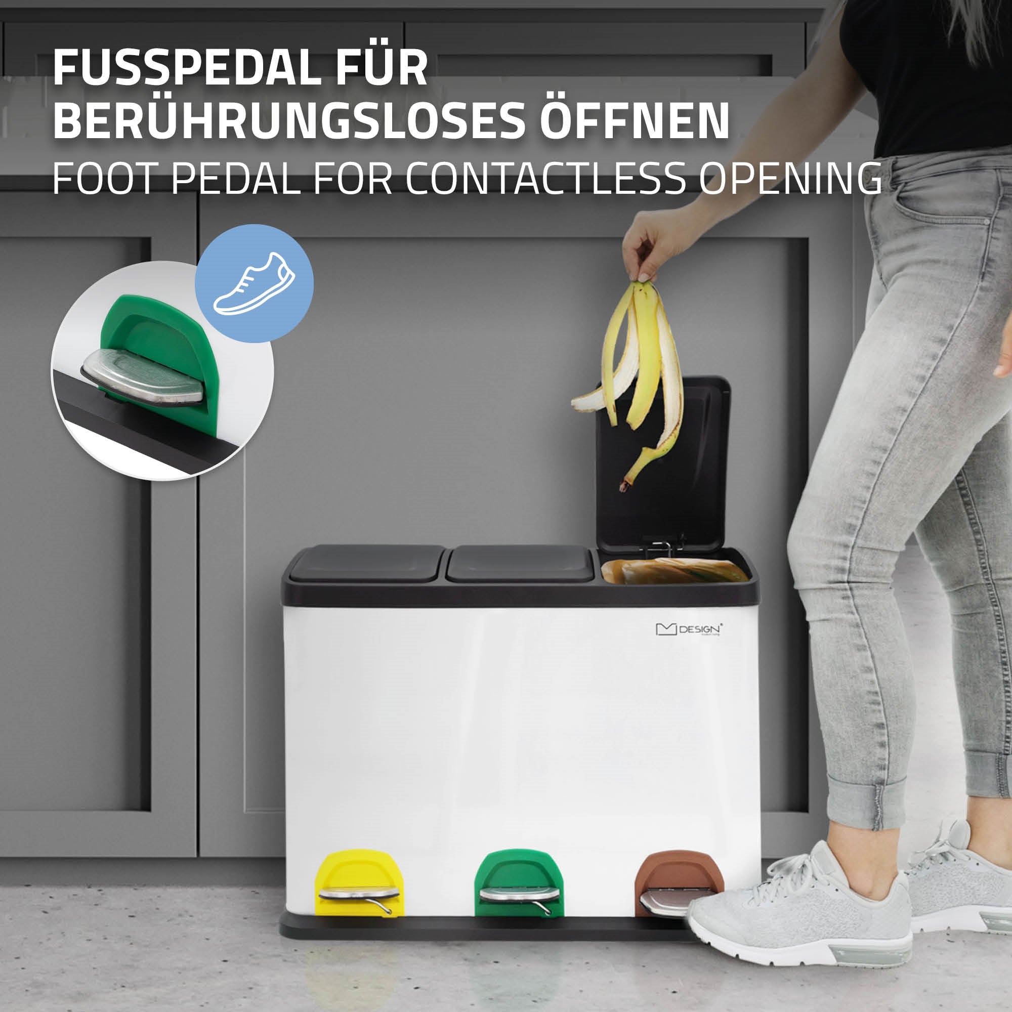 Mülltrennsystem mit Fußpedal, geöffnet, Abfallbehälter in verschiedenen Farben.