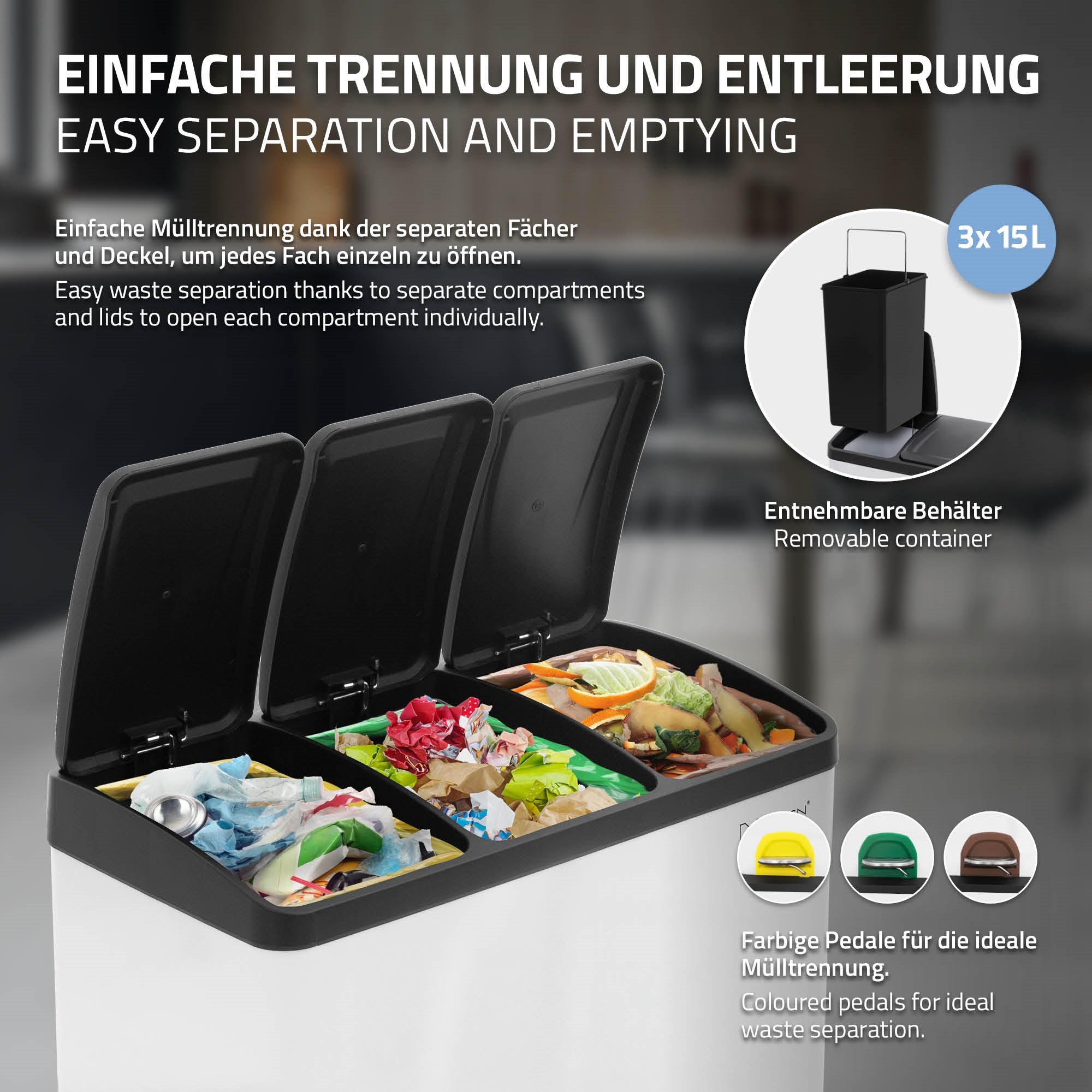Grafik zur Mülltrennung mit drei Fächern und Entleerungshinweisen.