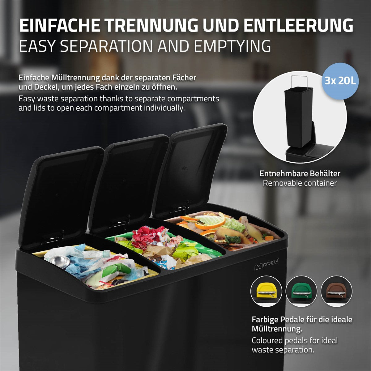 Mülleimer mit Deckel, drei Fächer, einfache Entleerung, farbige Pedale.