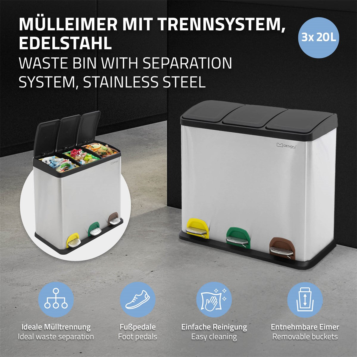 Ein großer, weißer Mülleimer mit drei Fächern und Fußpedalen.