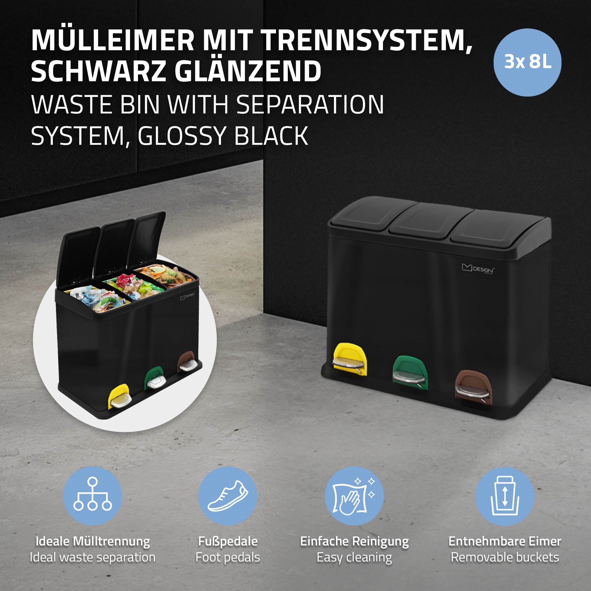 Schwarzer Müllimer mit drei Fächern und Fußpedalen zur Mülltrennung.