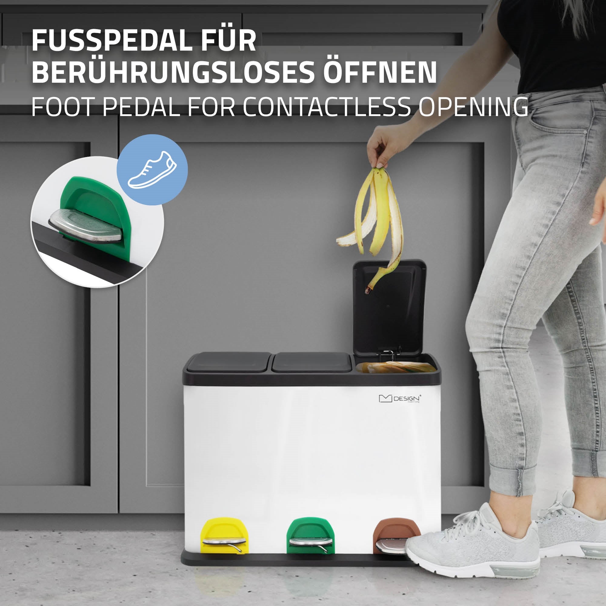 Mülltrennungssystem mit Fußpedalen in einer modernen Küche.