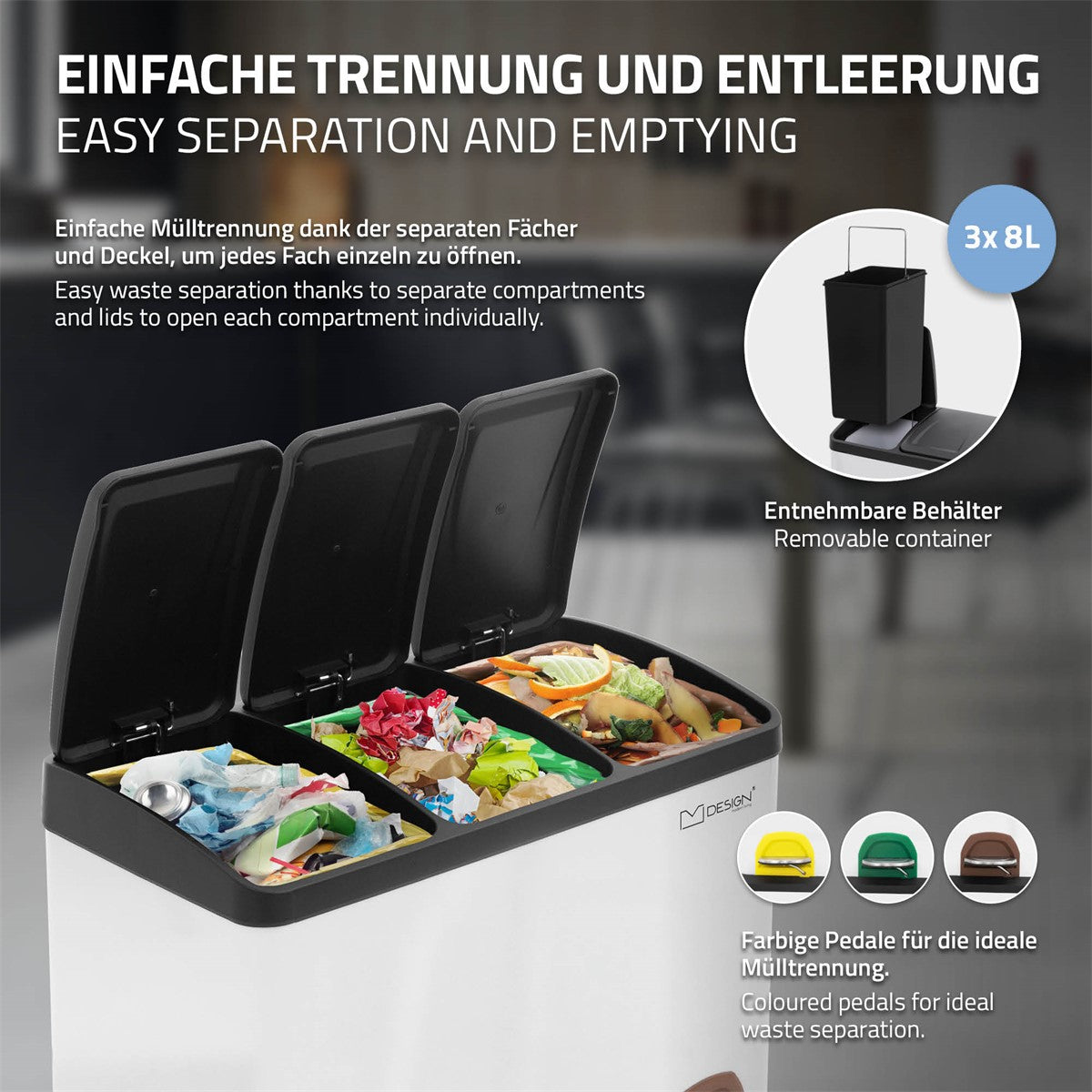 Mülleimer mit separaten Fächern, Deckel geöffnet, bunte Pedale.