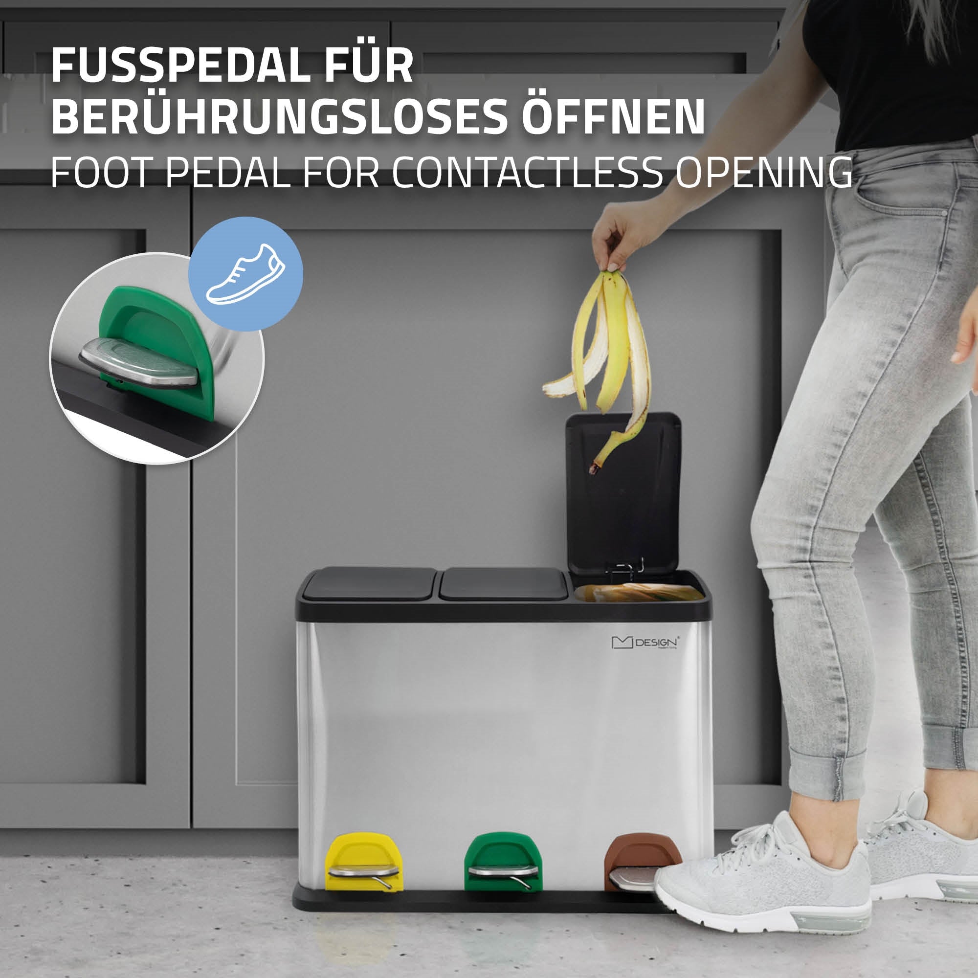Edelstahl-Mülleimer mit Fußpedal, drei farbige Pedale für kontaktloses Öffnen.