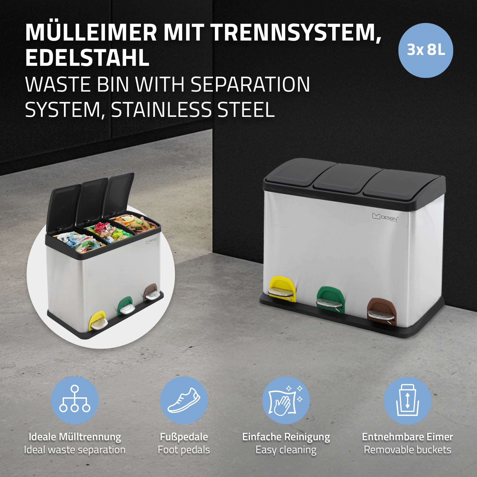 Mülleimer mit Trennsystem aus Edelstahl, drei Fächer und Fußpedale.