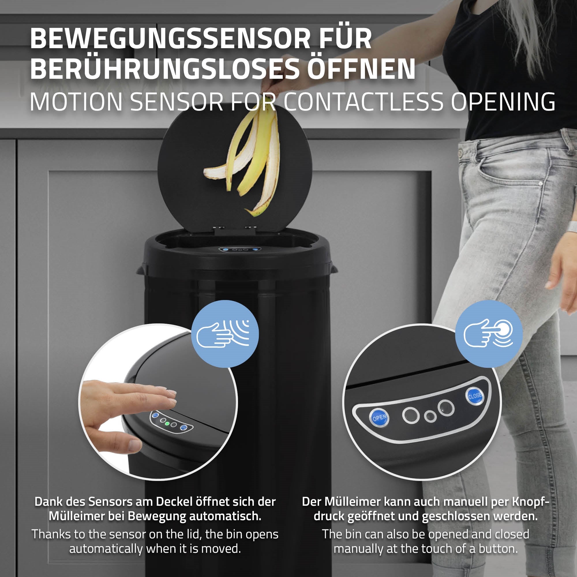 Trash can with motion sensor and open lid.