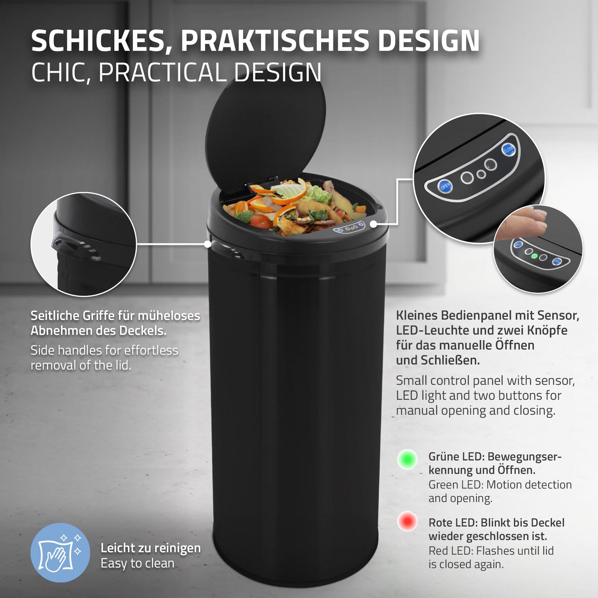Black trash can with sensor and buttons, filled with waste.
