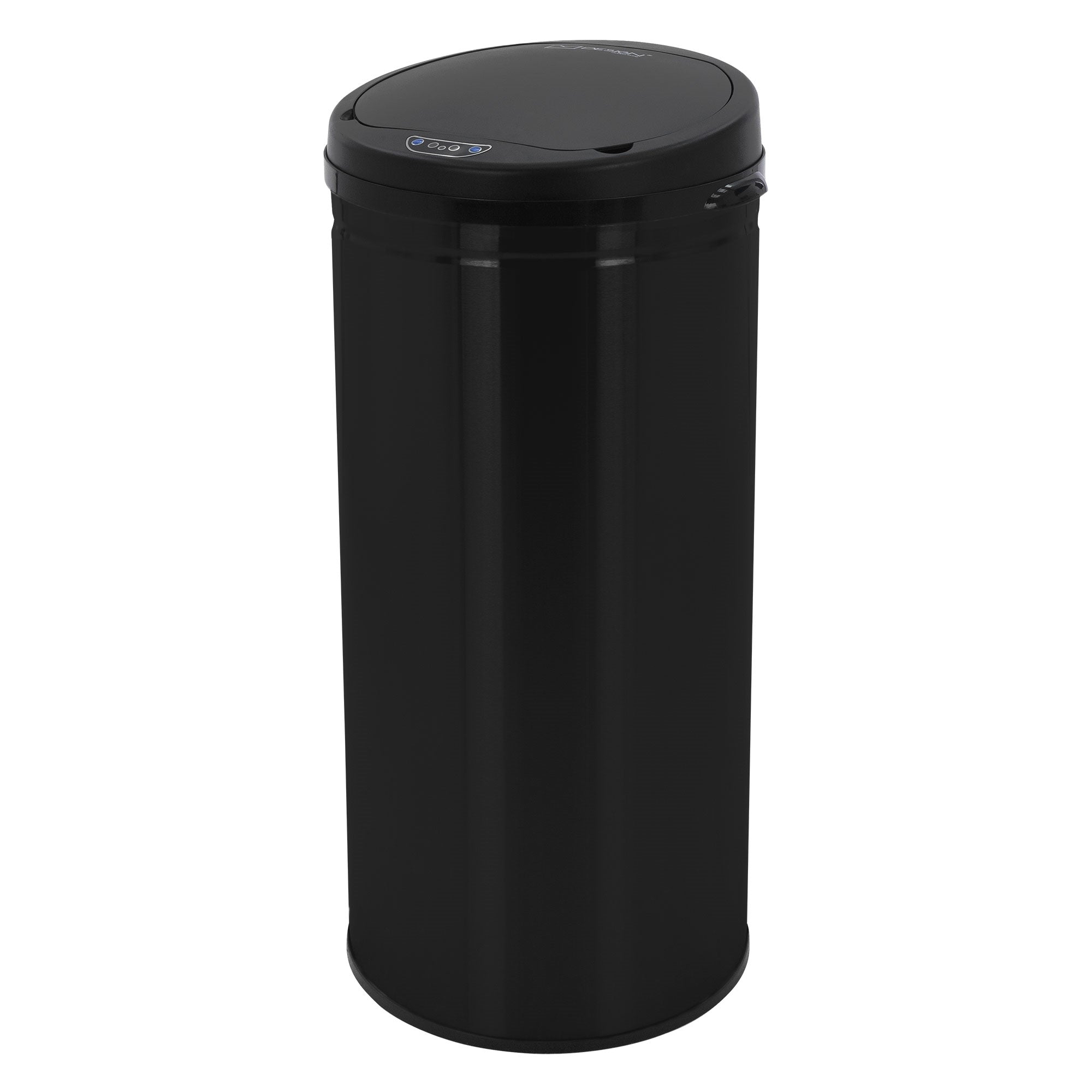 Black round trash can with a lid, on a white background.