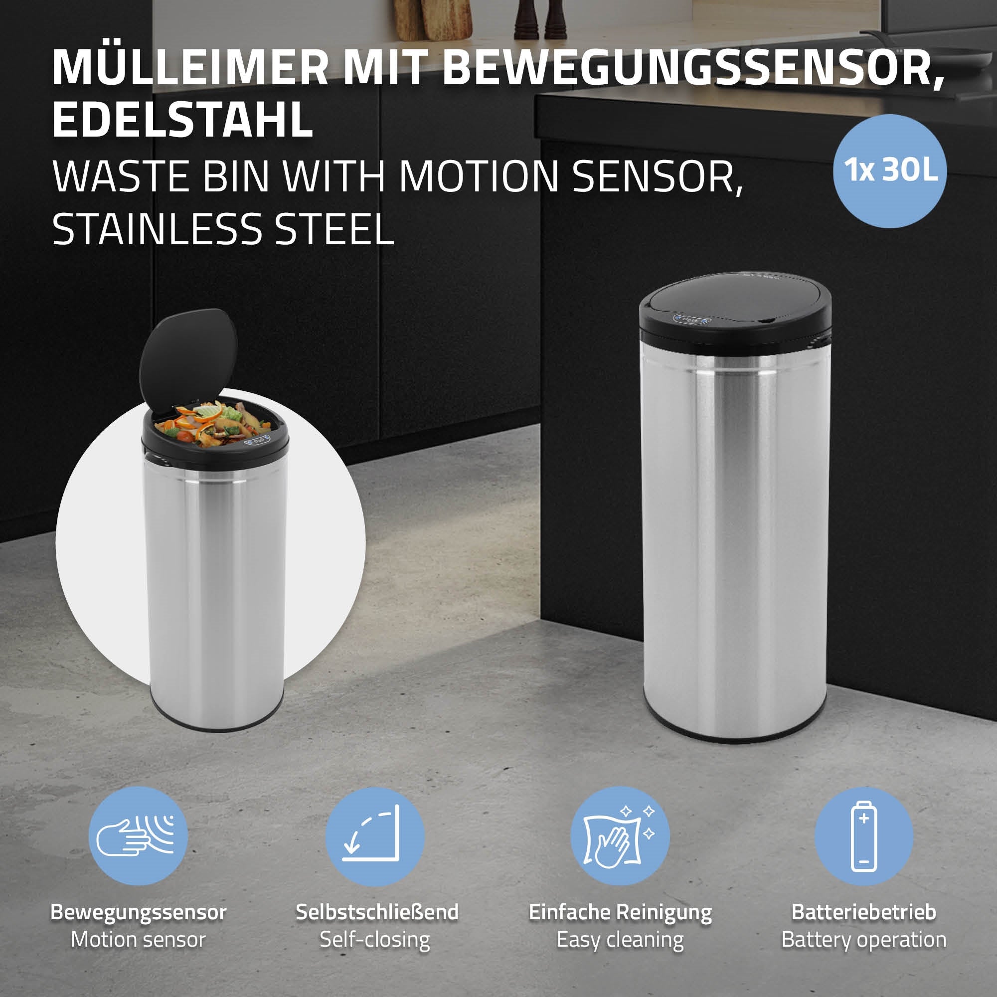 A stainless steel trash can with motion sensor and open lid, filled with waste.