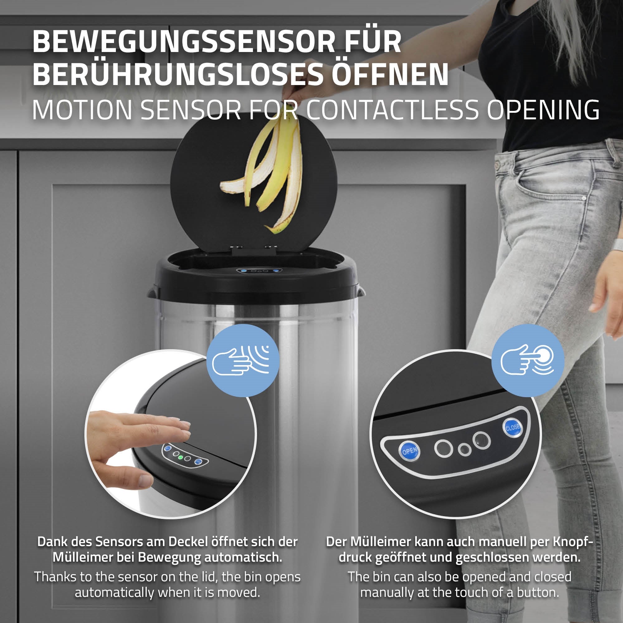 Trash can with motion sensor, lid opens automatically.