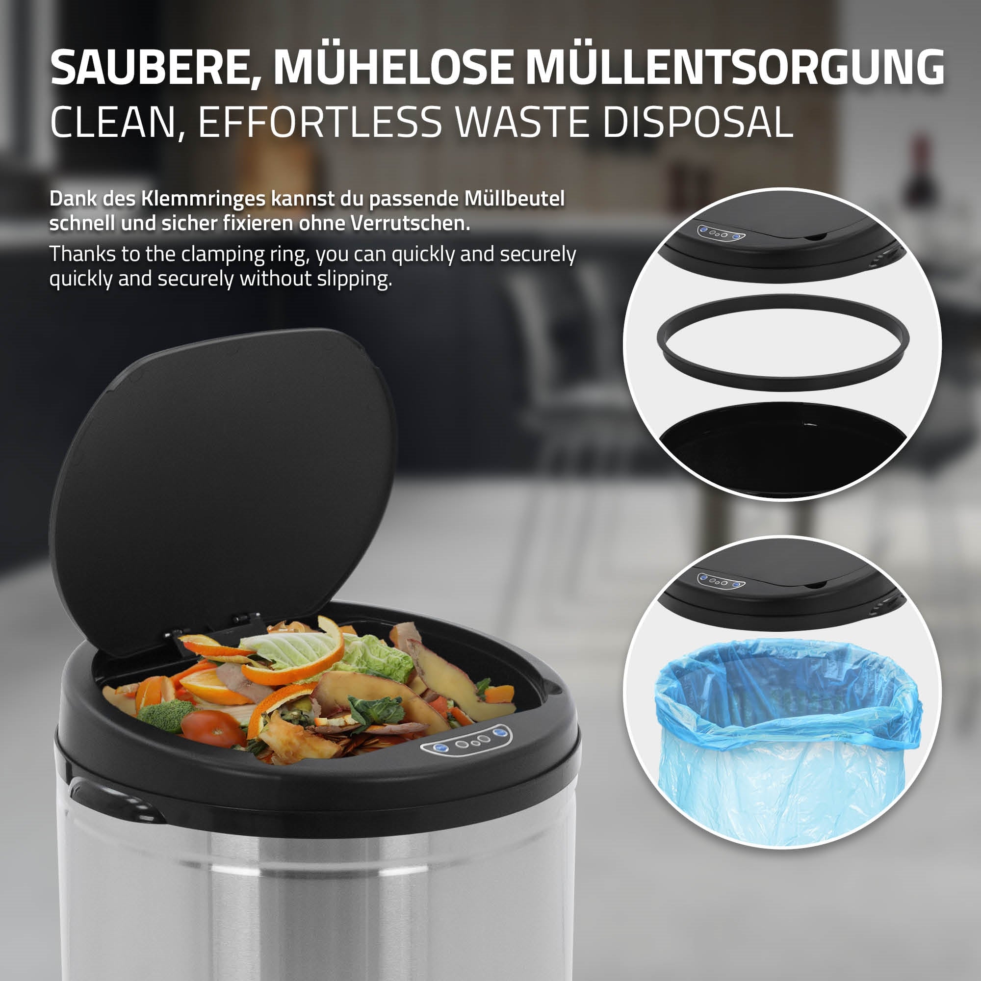 Waste container with lid and clamping area for trash bags.