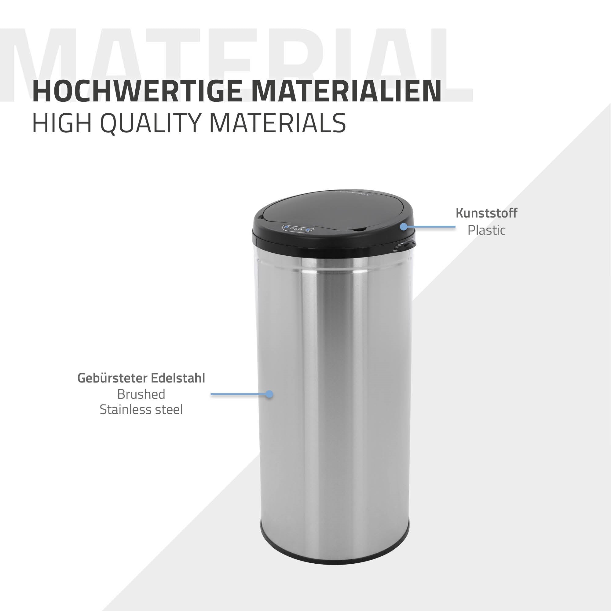 A trash can made of brushed stainless steel with plastic lid.