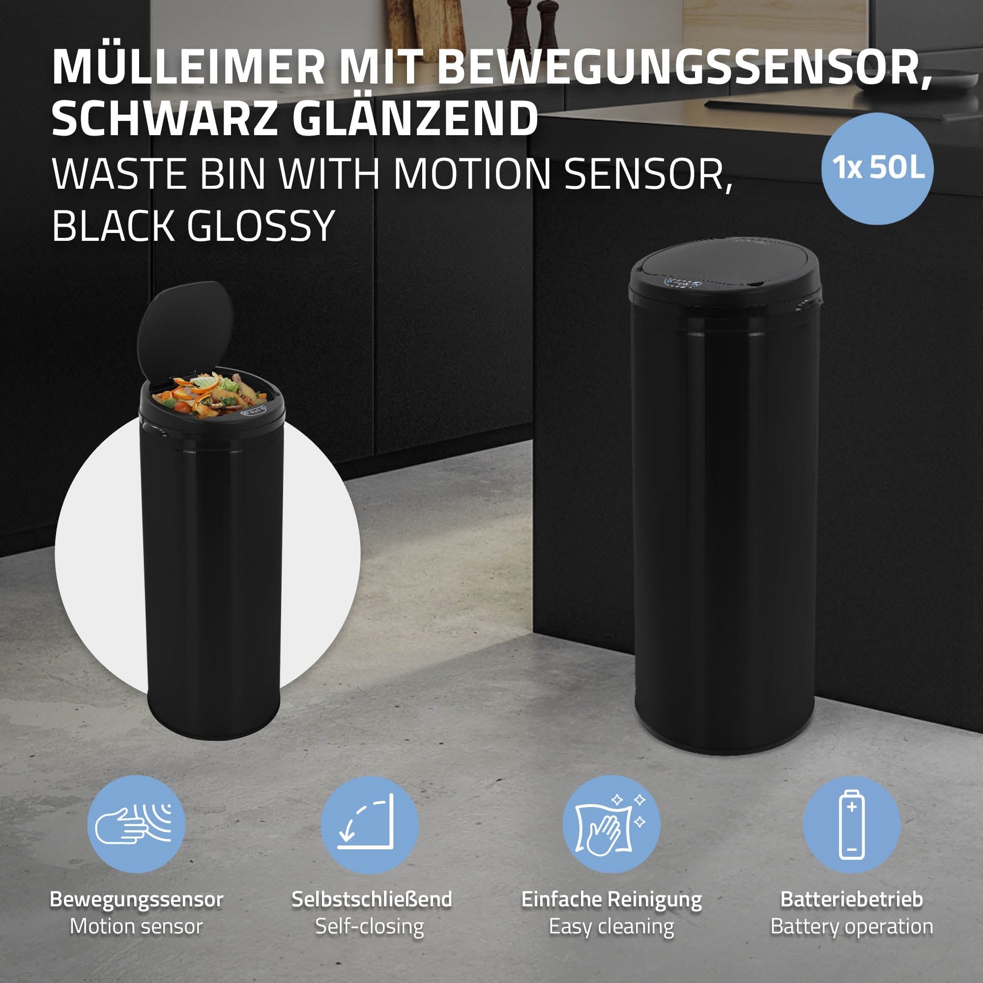 A black trash can with motion sensor in a modern kitchen.