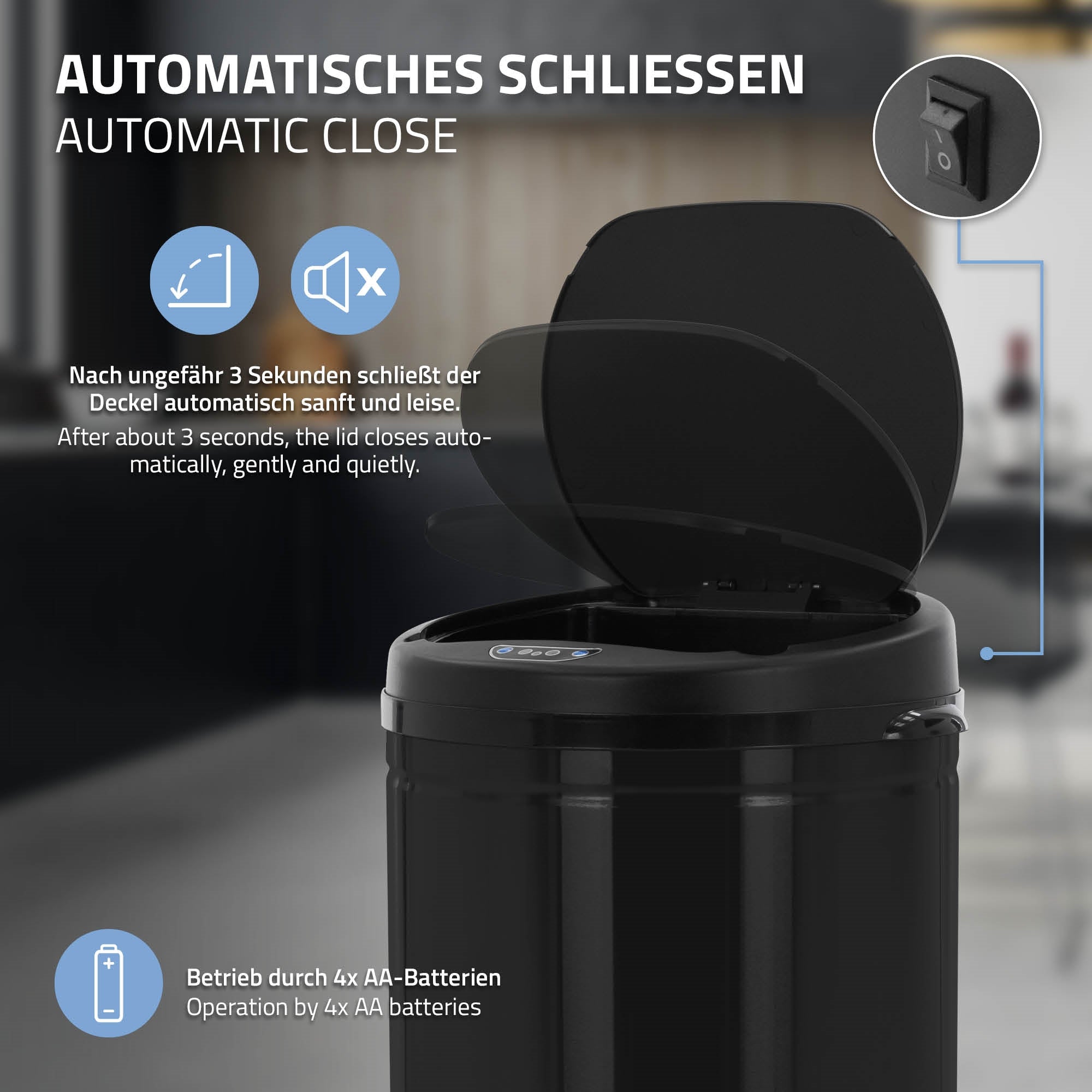 Trash can with automatic closing, black lid open.