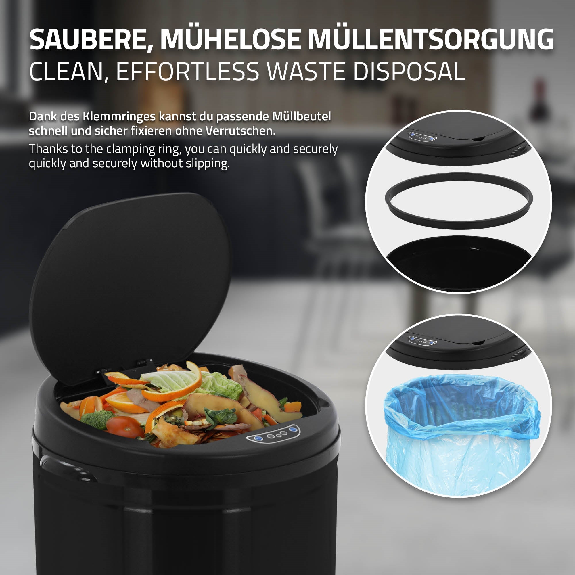Trash container with lid and clamping area for trash bags.