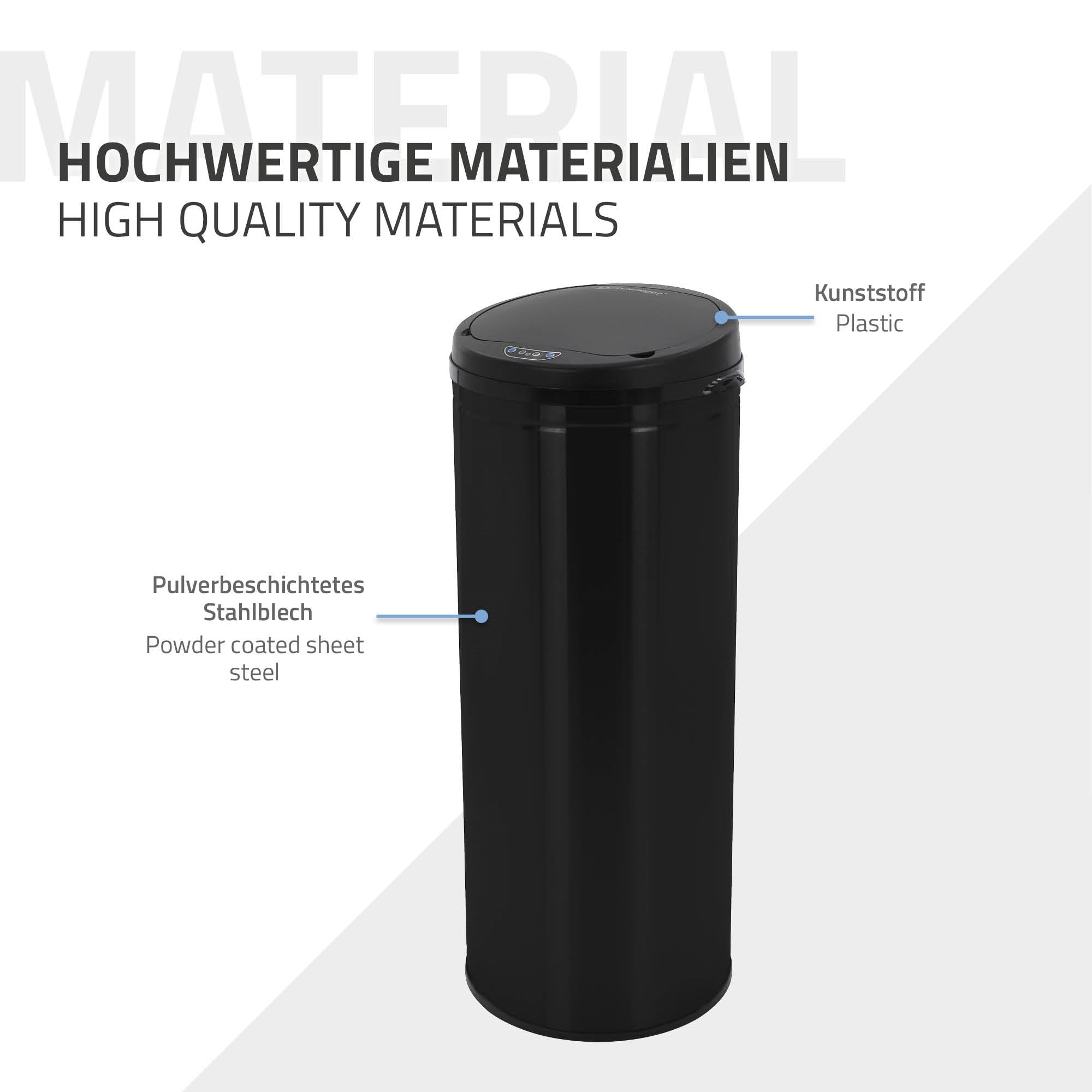 Black plastic trash can with sensor and LED display.