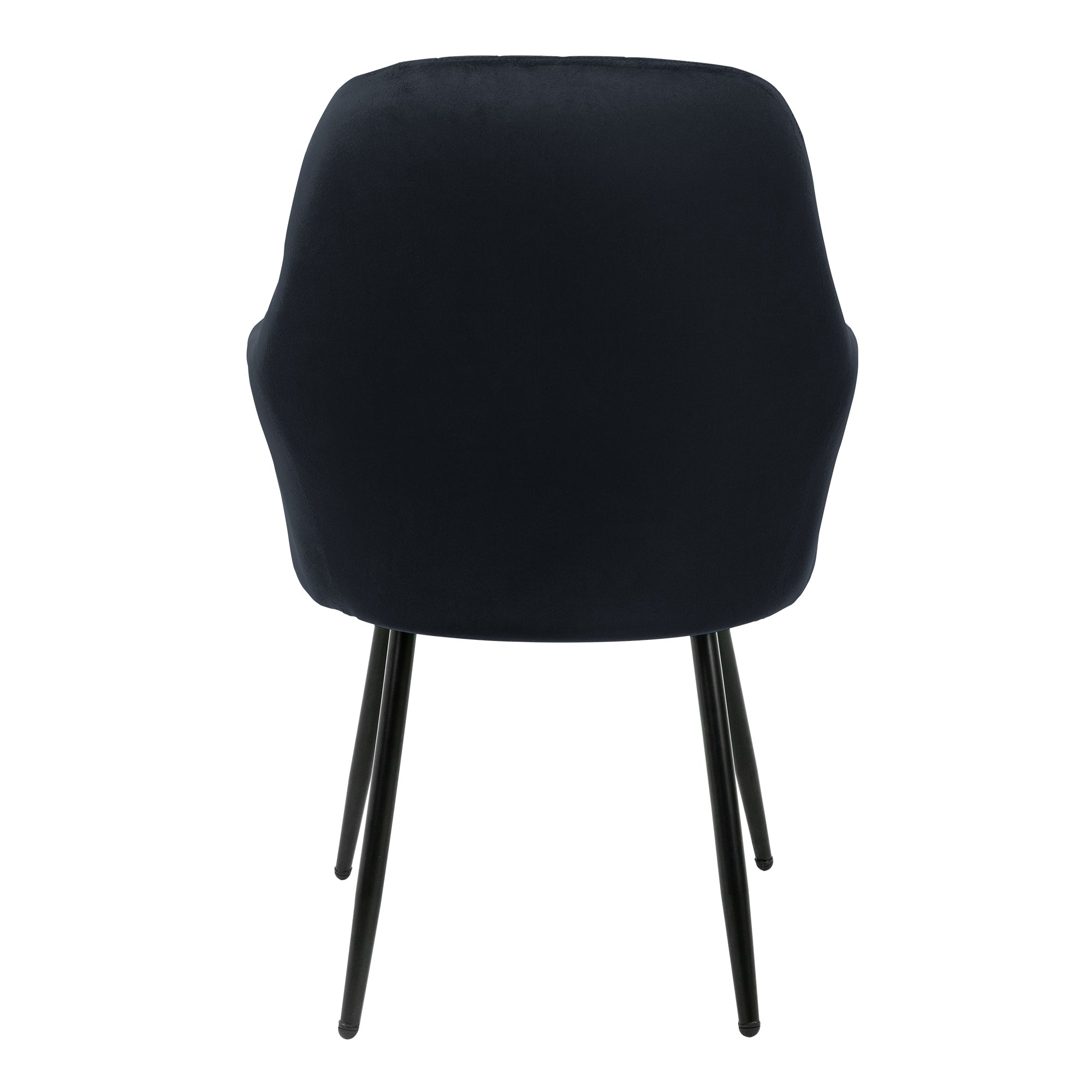 Sedia blu scuro vista da dietro, con gambe nere.